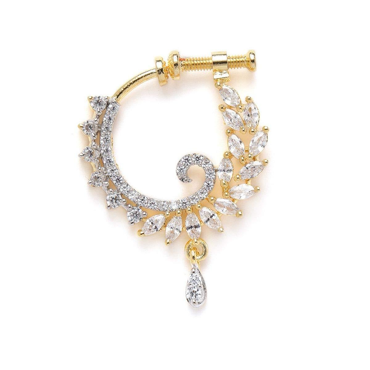 ACCESSHER Delicate Gold Plated Contemporary Style American Diamond Embellished Designer Clip On/Non-Piercing Nose Pin/Nathani for Women and Girls Pack of 1 (5.5 gms)