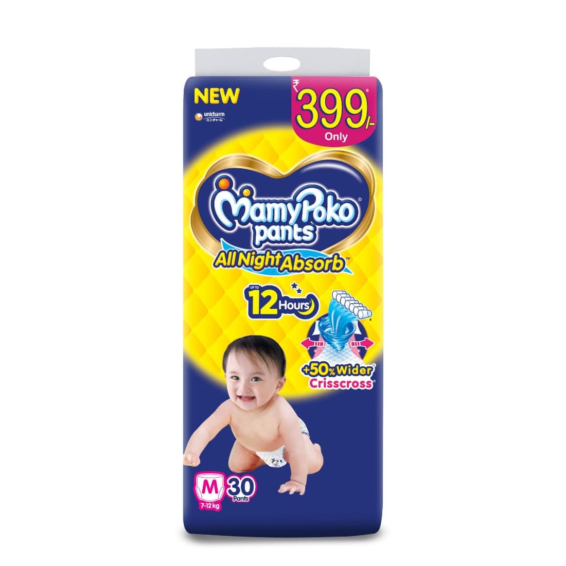 MamyPoko Pants All Night Absorb Baby Diapers, Medium (M), 30 Count 7-12 kg