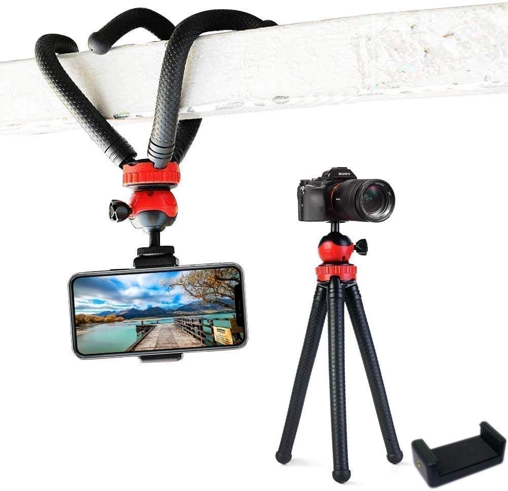 Tygot T-11 Flexible Gorillapod Tripod with 360° Rotating Ball Head Tripod for All DSLR Cameras (Max Load 1.5 kgs) & Mobile Phones + Free Heavy Duty Mobile Holder (Black) (12 Inch, Black and Red)