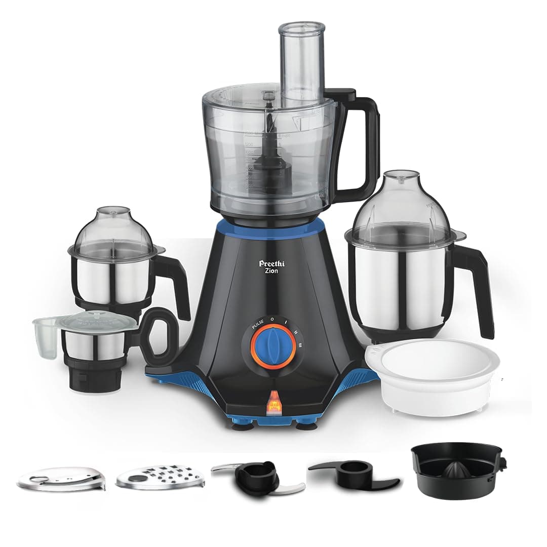 Preethi Zion MG-227 mixer grinder 750 watt Black, 4 jars - master chef food processor jar and flexi lid, Vega W5 motor with 2yr Guarantee & Lifelong Free Service, Standard