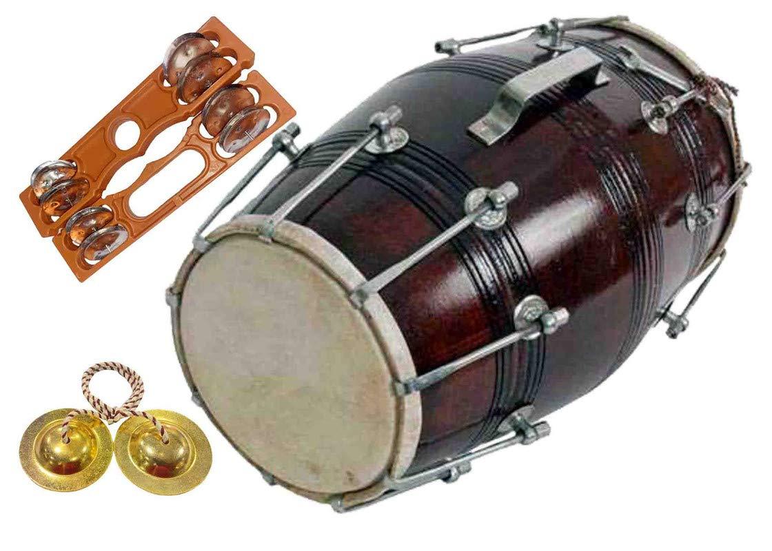 GT manufacture Professinal Mango wood Nut & Bold fitting Dholak with Manjira&Khartal Free(Brown)