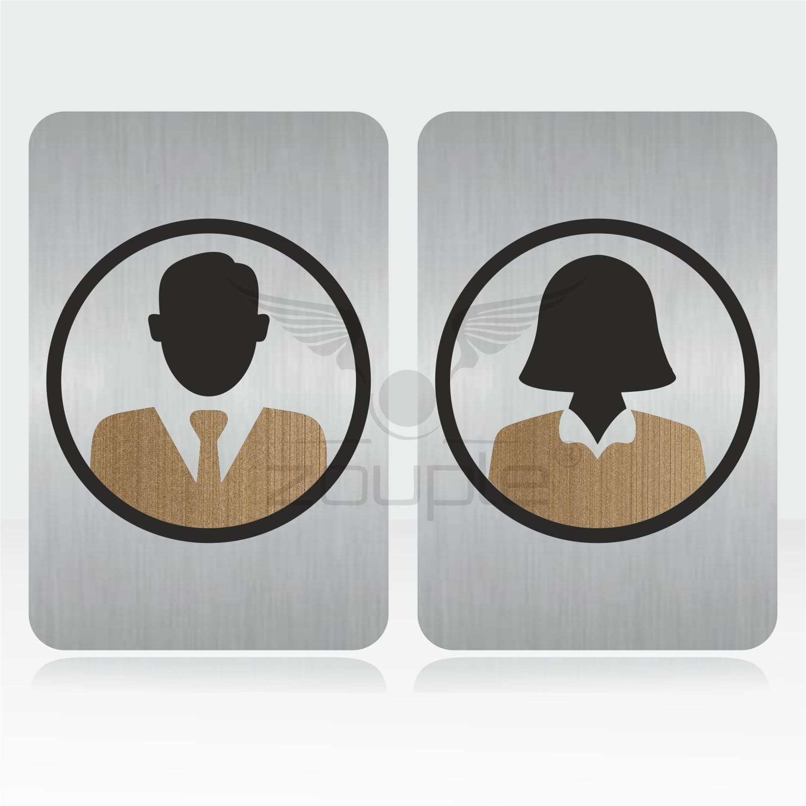 MALE-FEMALE, HE-SHE, Washroom ZOUPLE® Sign with Custom Name Tag, 6"x4",Self-Adhesive, JSL Brand Steel Laser Print