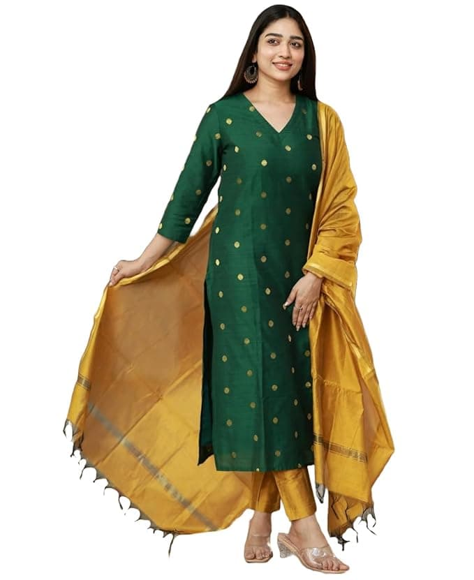 GoSriKi Kurta Sets for Women Rayon Viscose Printed | Kurta Pant Dupatta Set | Straight Kurti Set | V Neck 3/4 Sleeve Ethnic Outfit | Designer Indian Kurti Clothing with Pants Dupatta