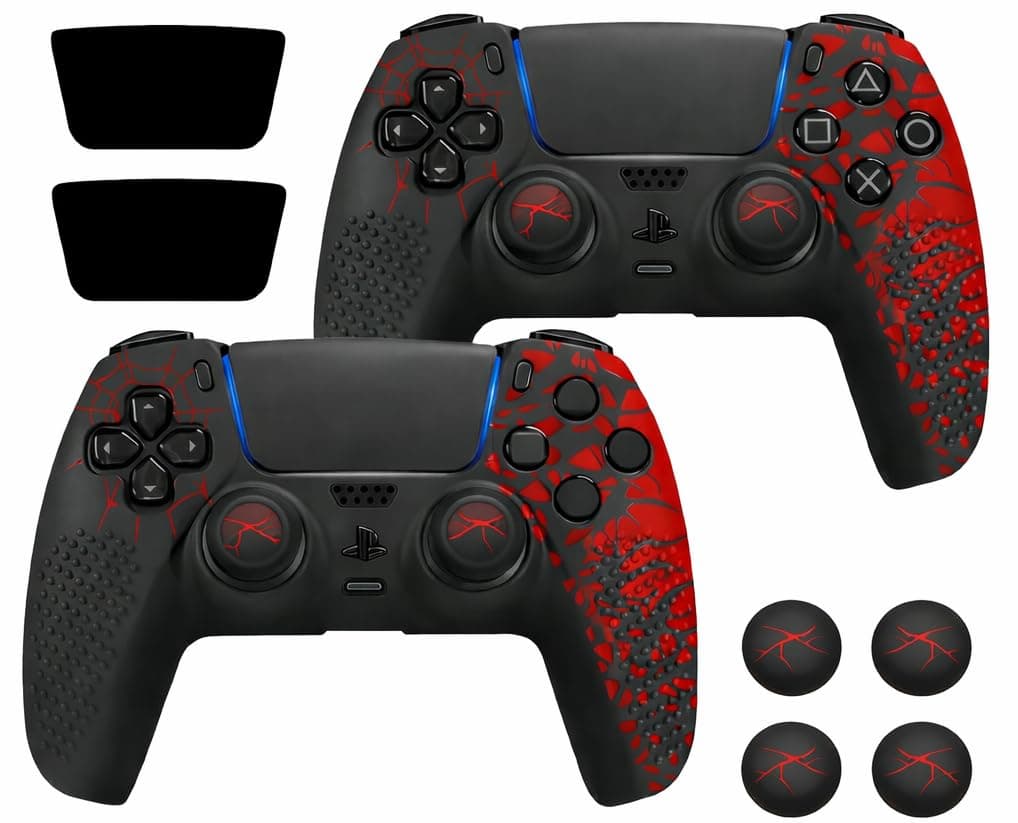 Meyaar Anti-Slip Silicone Cover for PS5 Controller with Thumb Grip Caps & Touchpad Sticker Made for PS5 Controller Only. (Bloodline Black (2 Pack))
