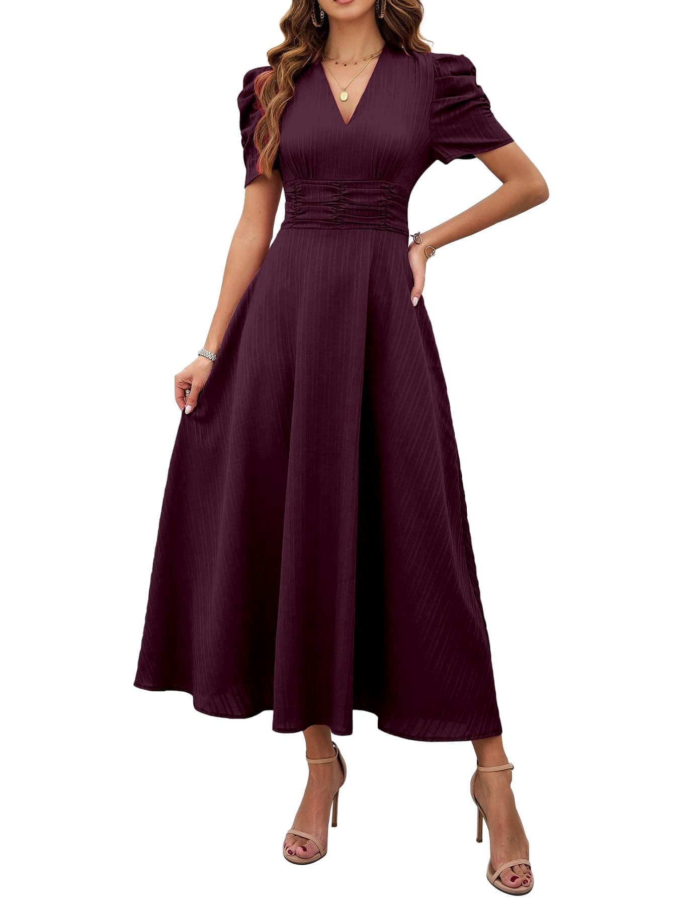 Shasmi Girl's & Women's Magenta Solid Color V-Neck A-Line Maxi Dress for Women | New Year Party Outfit | Waist Cinched Puff Sleeve Western Dress | Elegant Casual Wear (Dress 246 Magenta-XL)