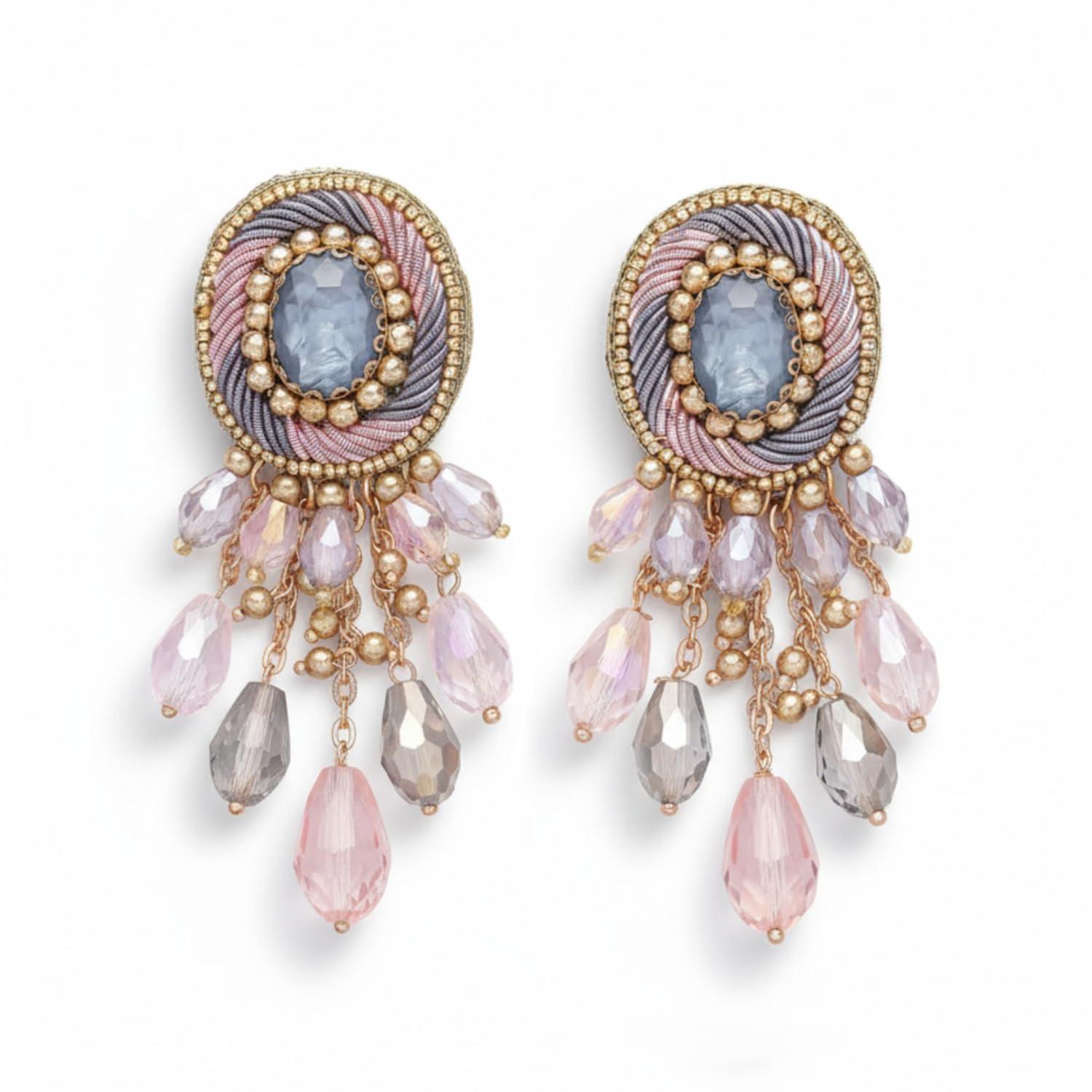 SANJOYA by EVERSTYLISH Embroidered Earrings for Women | Pastel Stone & Beaded Dangler Earrings | Ethnic Jewelry for Weddings, Festivals & Special Occasions (Light Pink)