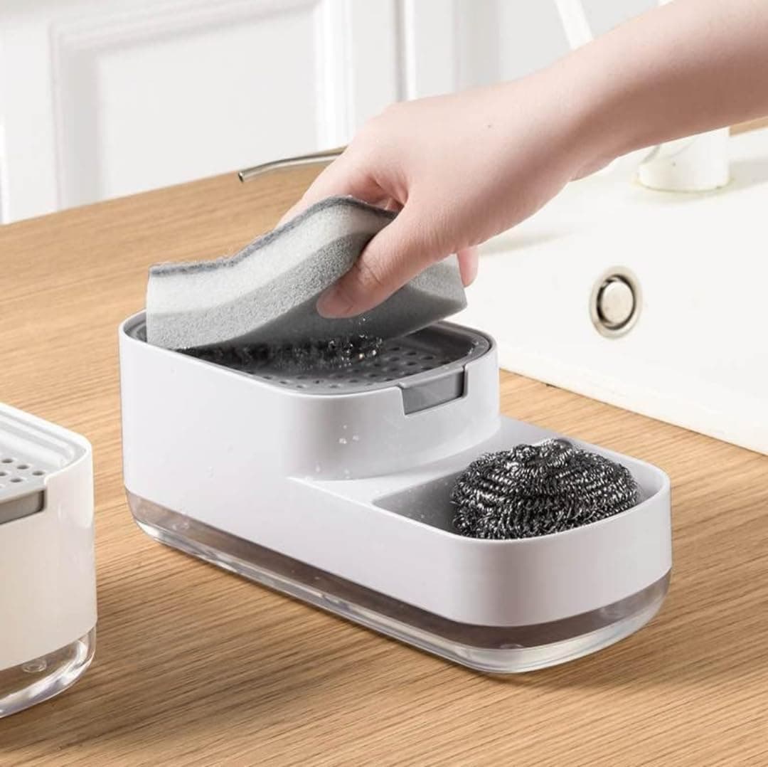 SR Kitchen Soap Dispenser for Sink | 2-in-1 Liquid Dishwash Dispenser with Sponge Holder & Steel Scrubber | Steel Scrubber | 3-in-1 soap Dispenser | Sink Organizer, Durable & Rustproof