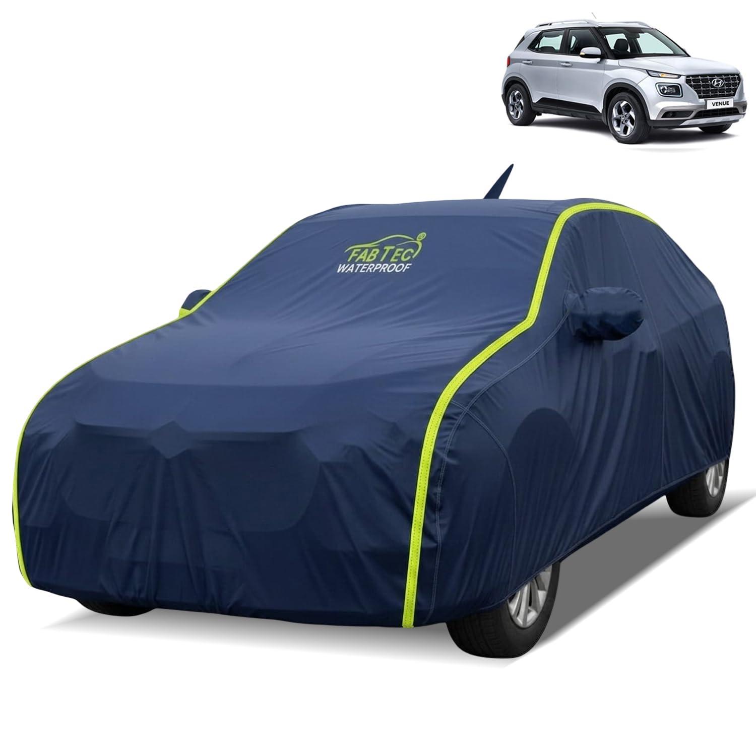 FABTEC Waterproof Car Body Cover for Hyundai Venue Outdoor/Indoor All Weather Protection with Mirror & Antenna Pocket Triple Stitched (Premium Navy Blue with Neon Piping)