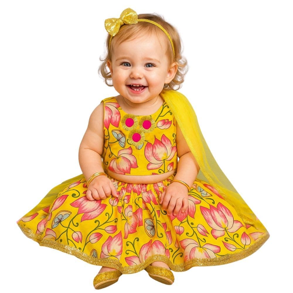 A.T.U.N. (ALL THINGS UBER NICE) Baby Girls Cotton Ethnic Floral Lehenga Choli Set with Golden Lace & Dupatta | Traditional 3-Piece Festive Outfit for Kids