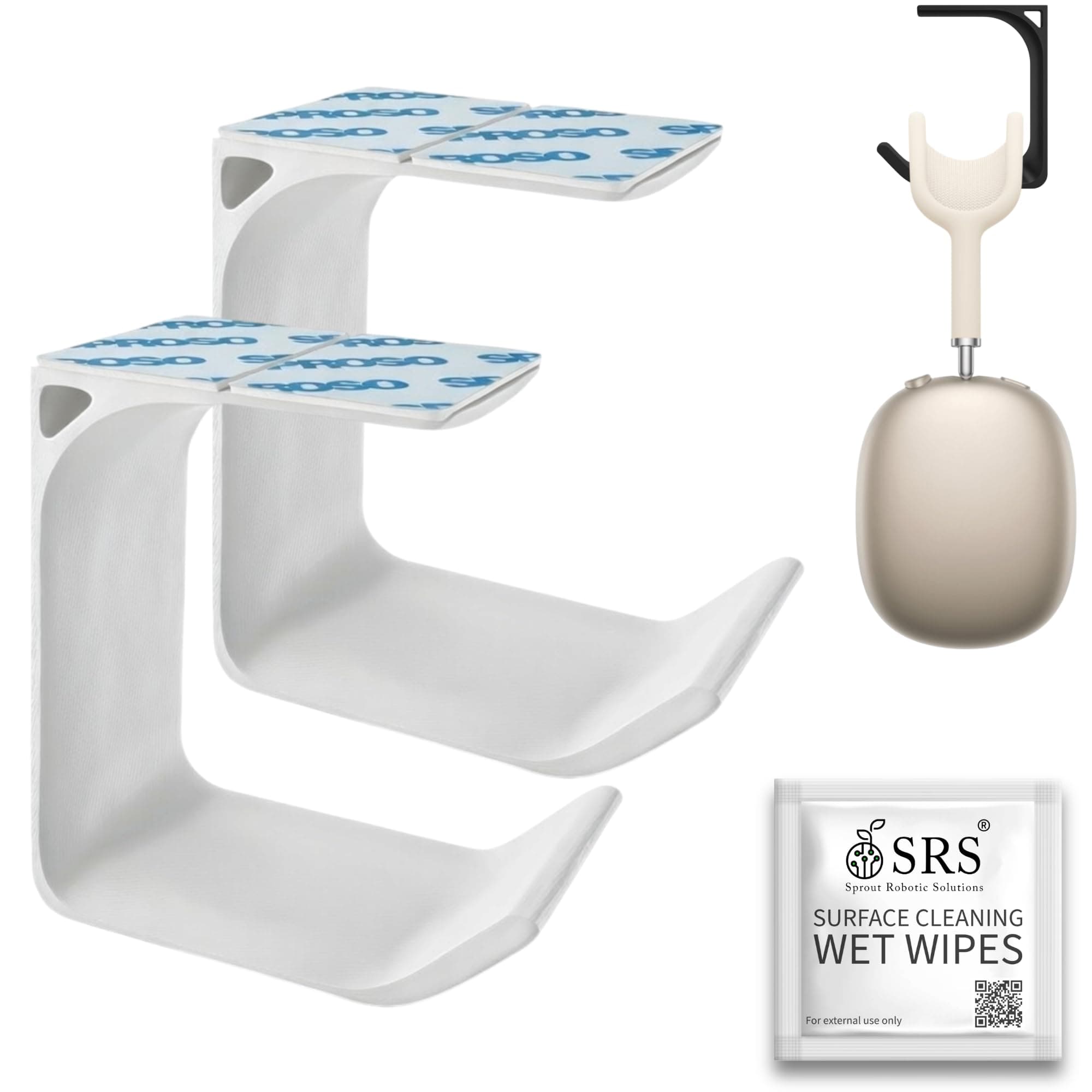 SPROSO Headphone Stand Holder | Under Desk Hook & Cable Organizer | Stick-On Adhesive | Superior-Grade ABS | Includes Surface Cleaning Wipes for Easy Setup & Organization (White, Pack of 2)