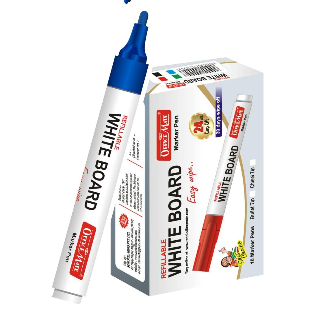 Soni Officemate Whiteboard Marker | Pack of 10 (Blue)| 4.43 mm Bullet Tip | Non-Toxic | Smooth Writing | Easy Wipe | Ideal for School & Office