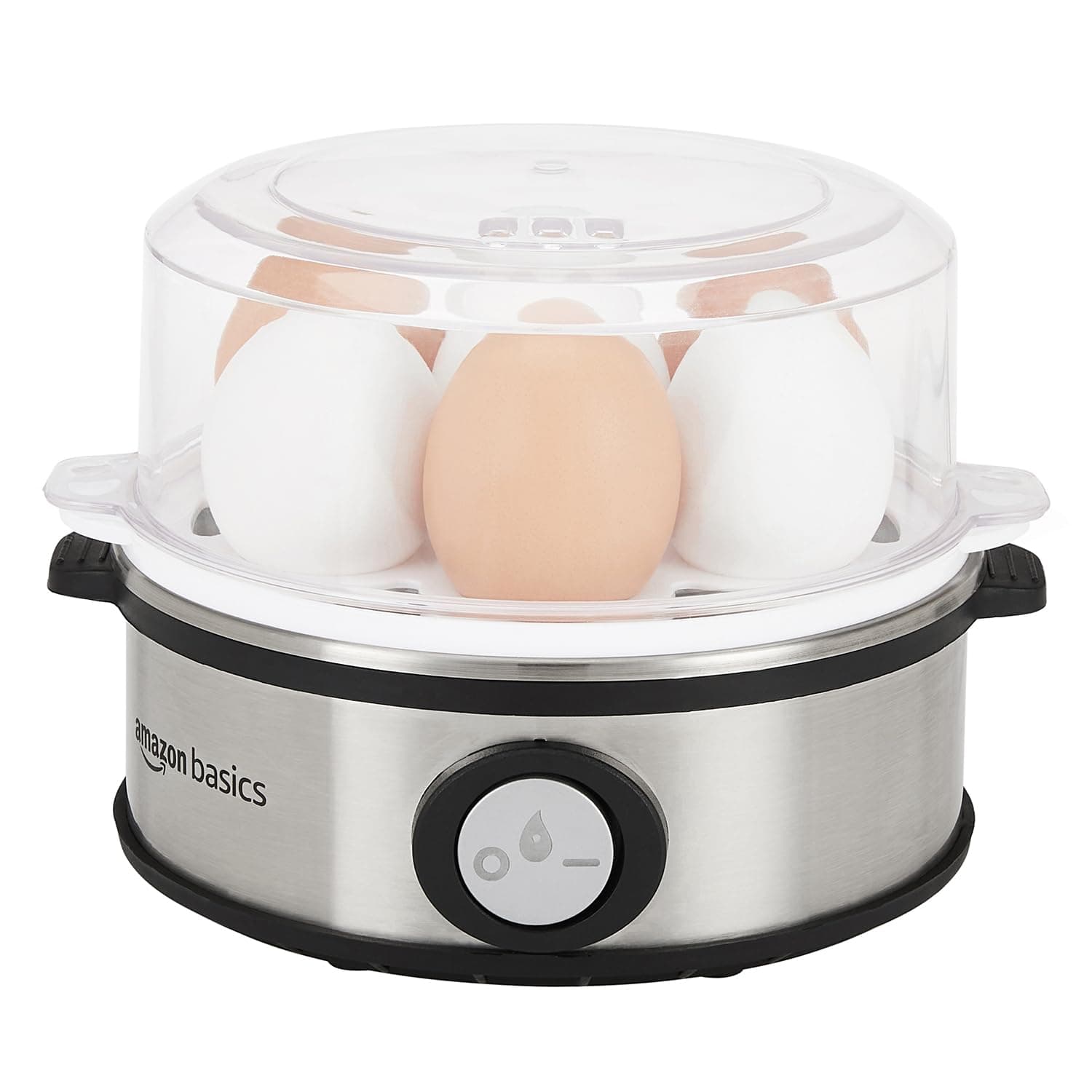amazon basics Stainless Steel Egg Boiler | 350 Watt | Boils Upto 7 Eggs | Automatic Operation with 3 Boiling Modes, Overheat Protection | Stainless Steel Heating Plate, Measuring Cup | 379 g | Silver