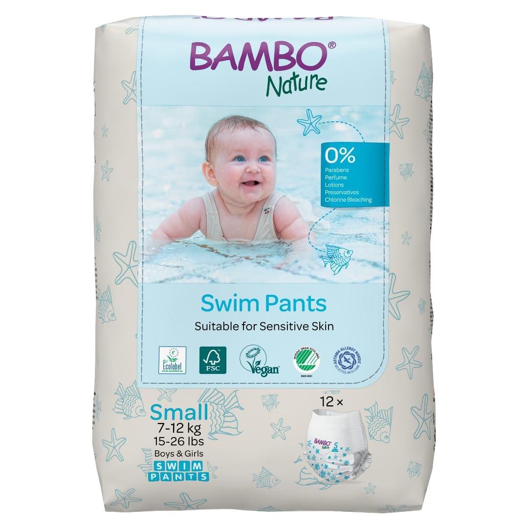 Bambo Nature Disposable Swim Diaper Pants - Double Leak Barriers, Soft 360° Elastic Fit, Chemical-Free & Leakproof Pool Diapers For Baby, Waterproof Toddler Swimming Swimsuit, Kids 7-12 kgs, 12 Count
