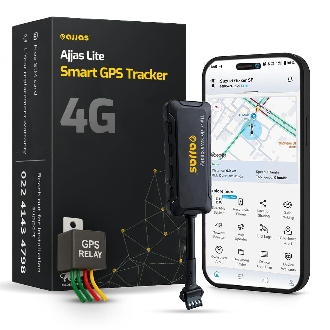 Ajjas 4G Lite (Remote Engine Lock) Wired Hidden AI Smart GPS Tracker for Car/Bike with Driving Score, Location Tracking, Geo-Fence Alert, 15+ Features (1 Year Free Platform)