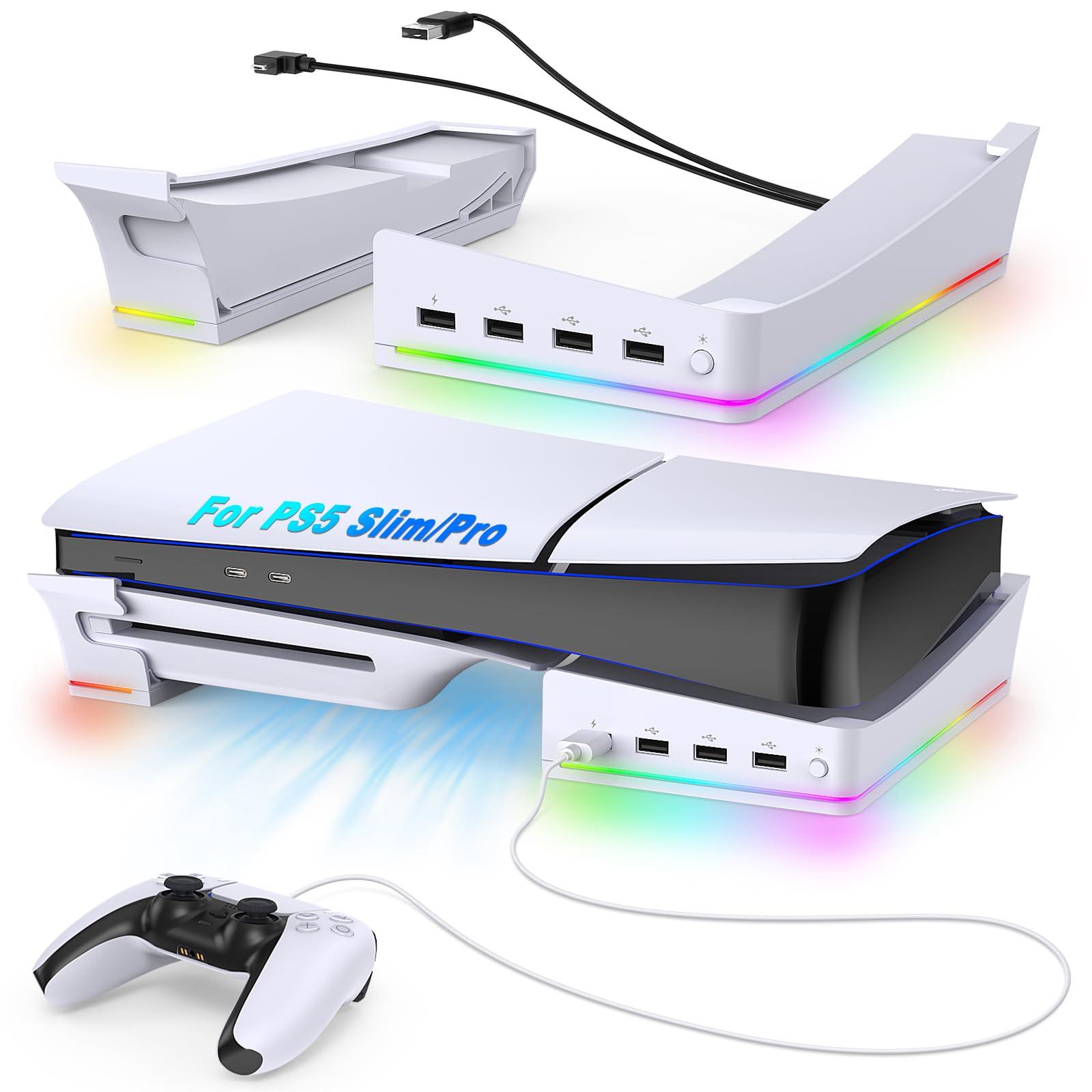Auarte 2023 RGB Horizontal Stand for PS5 Slim Console Accessories with 14 Light Mode and 4 USB Hubs, Side Stand for Playstation 5 Slim Disc & Digital, Base Holder with Fast Controller Charging, White