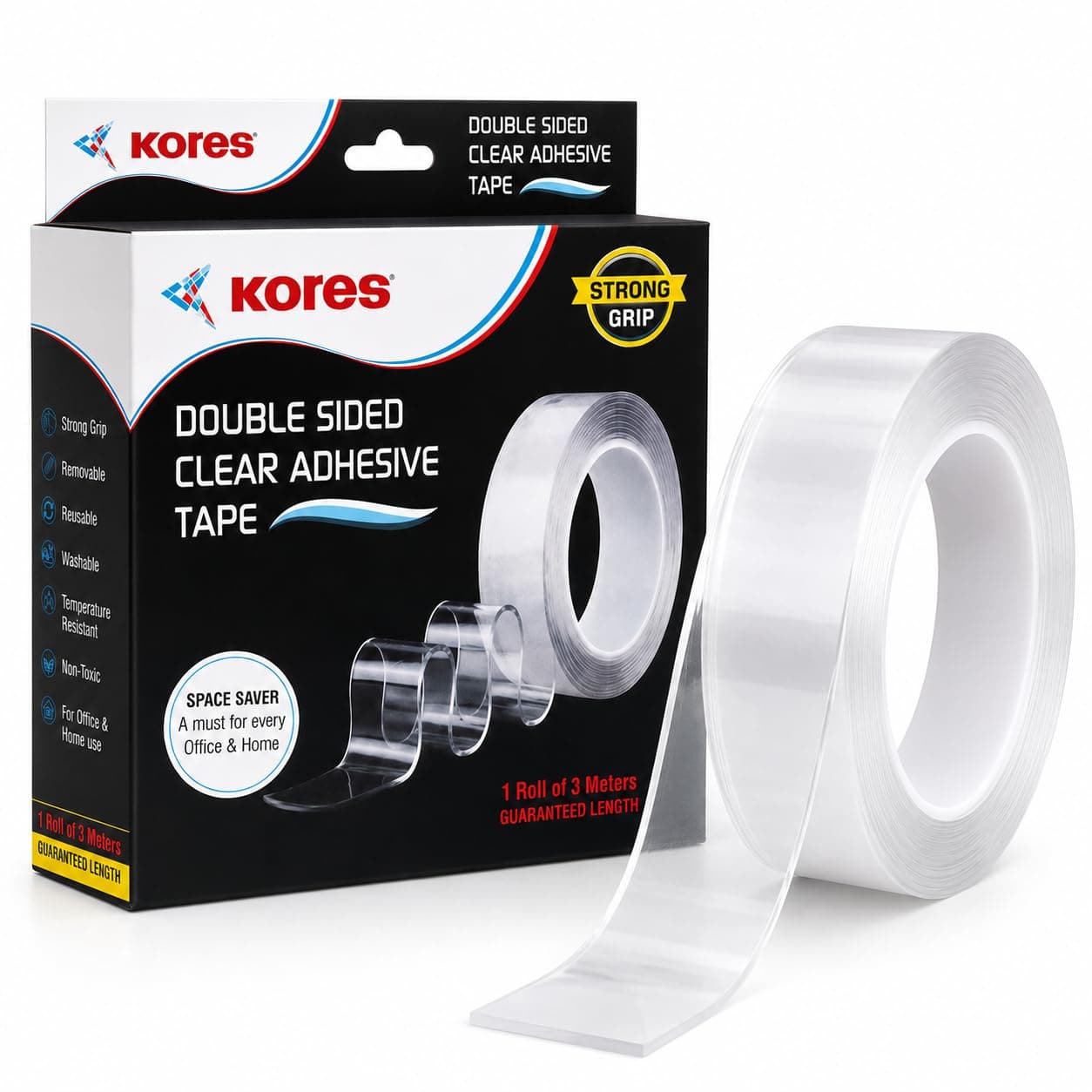 Kores Strong Grip Transparent Double Sided Tape – Ultra Strong Gel Adhesive, Removable & Reusable, 3 Metre Roll, 2mm Thick – For Walls, Glass, Wood, Metal & Home/Office Use | Heavy Duty