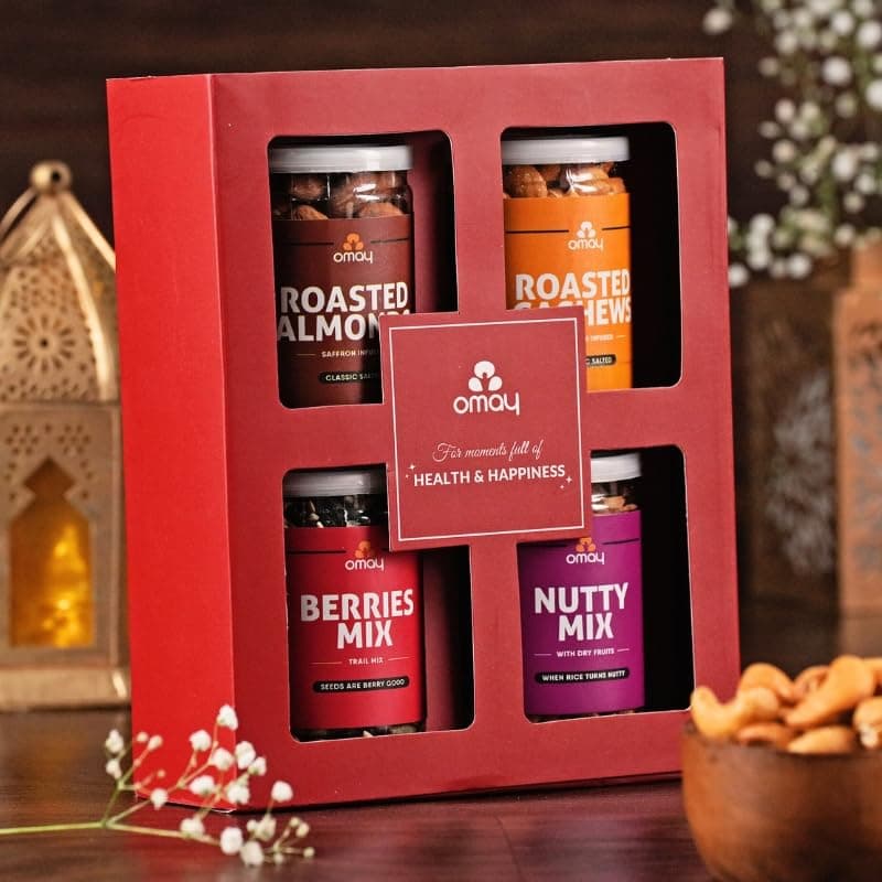 Omay Foods Wholesome Treats Premium Dry Fruit Gift Box | Roasted Cashews, Almonds, Berries & Nutty Mix | Gourmet Gift Hamper for Clients & Employees | Healthy Dry Fruit Hamper | All-Occasion, Oil-Free