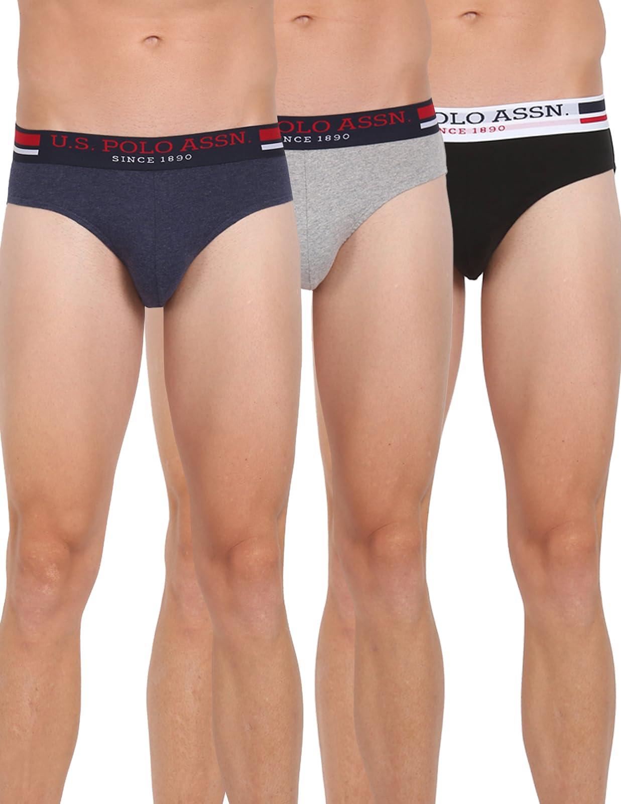 U.S. POLO ASSN.. Mens Elasticized Waist Pure Cotton I006 Briefs - Pack of 3(I006-P3_BLACK/GREY MEL/DENIM MEL_S)