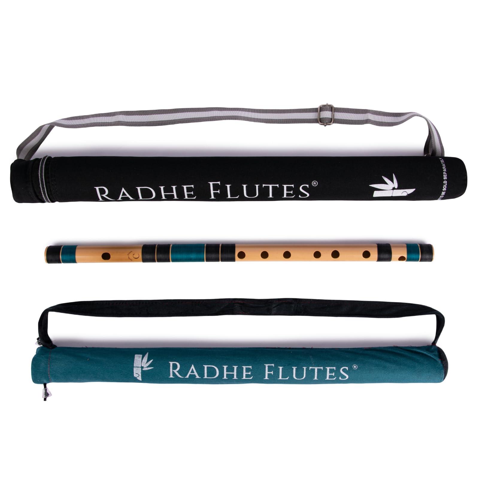 Radhe Flutes | Professional Bamboo Bansuri | C Natural | Right Handed | Middle Octave| with Hard Cover + Assorted Colours for Velvet Cover & Paper Tube| Black & Dark Green |Hand Crafted by Tej Sharma