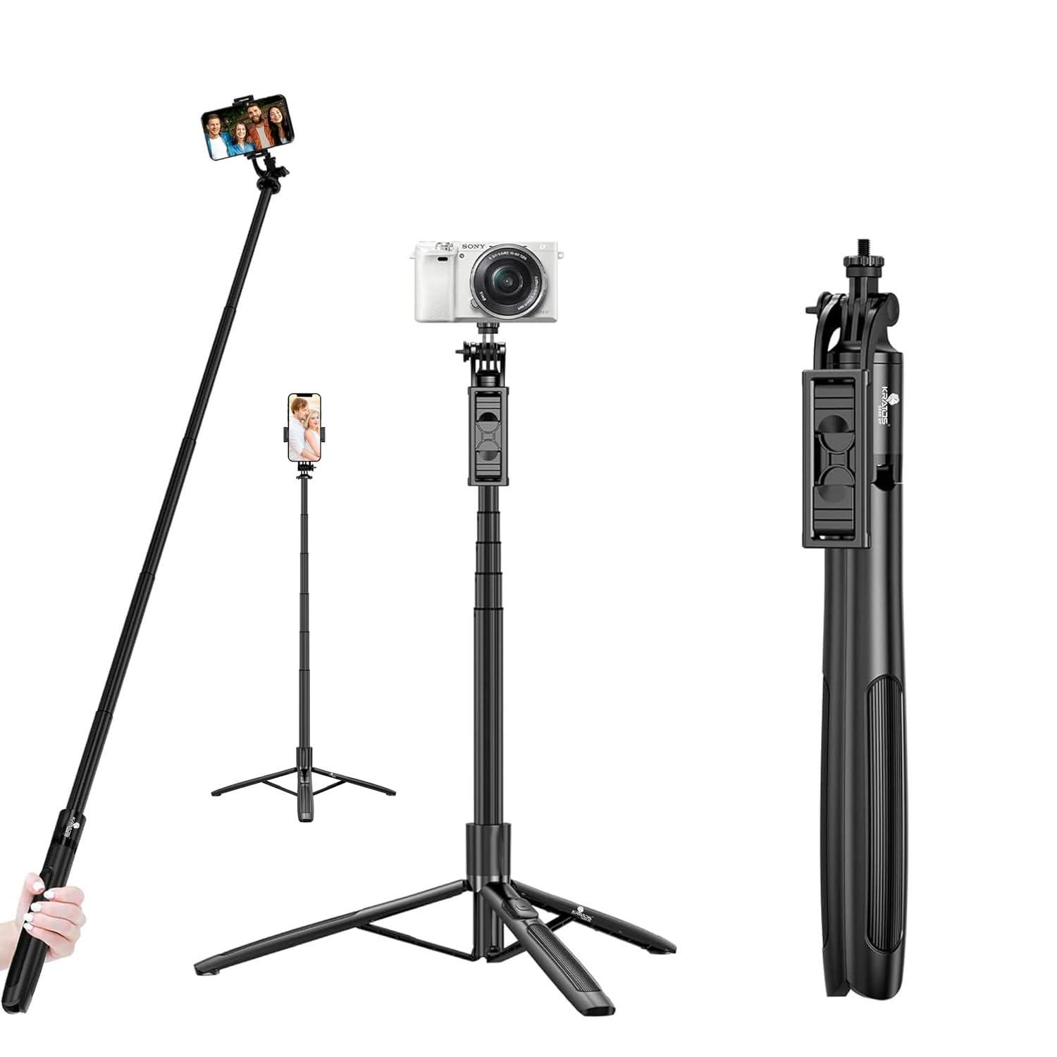 Kratos CT Long Selfie Stick Tripod Stand Aluminum 60 inch, Multifunctional Bluetooth Tripod for Mobile Phone for Vlogging, Live Stream, Selfies, 1/4" Screw for Action Camera Ring Light, Gopro