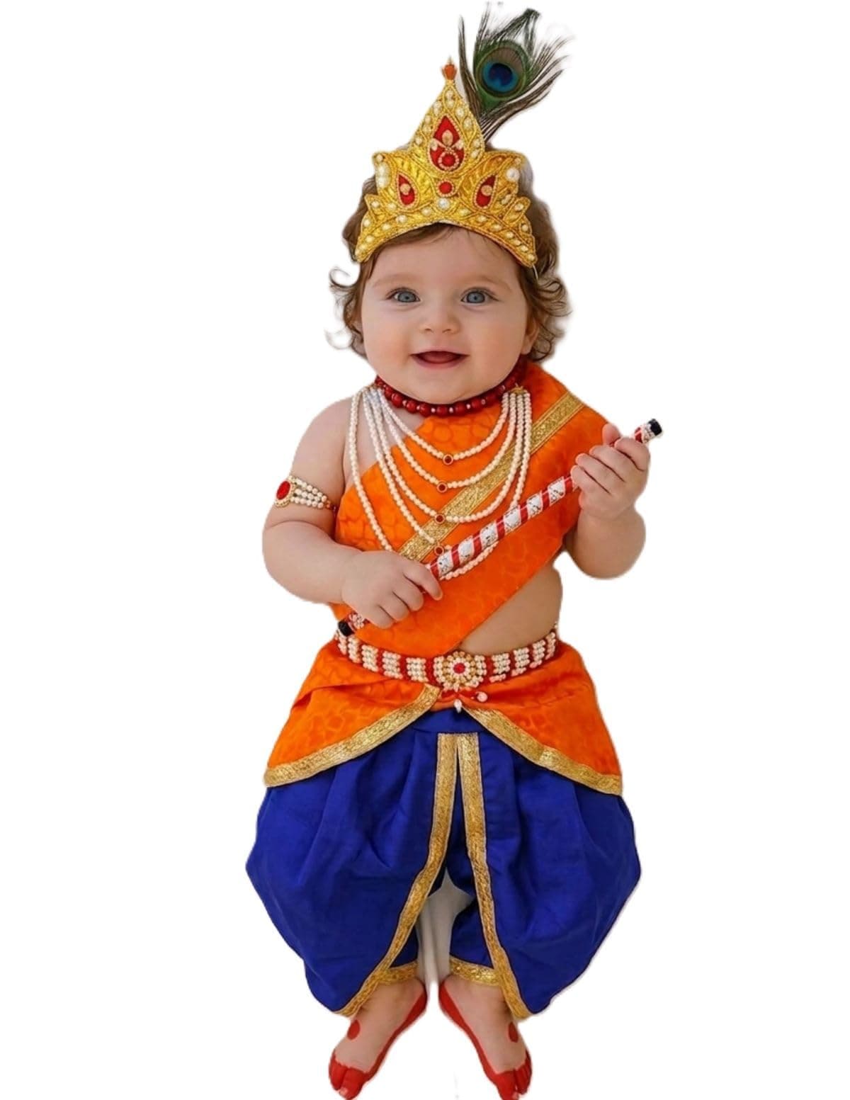 BookMyCostume Brocade Krishna Costume with Heavy Jewellery and Mukut Set - Janmashtami Premium Dress for Baby Kanha Boys & Girls - Blue & Orange 6-12 Months