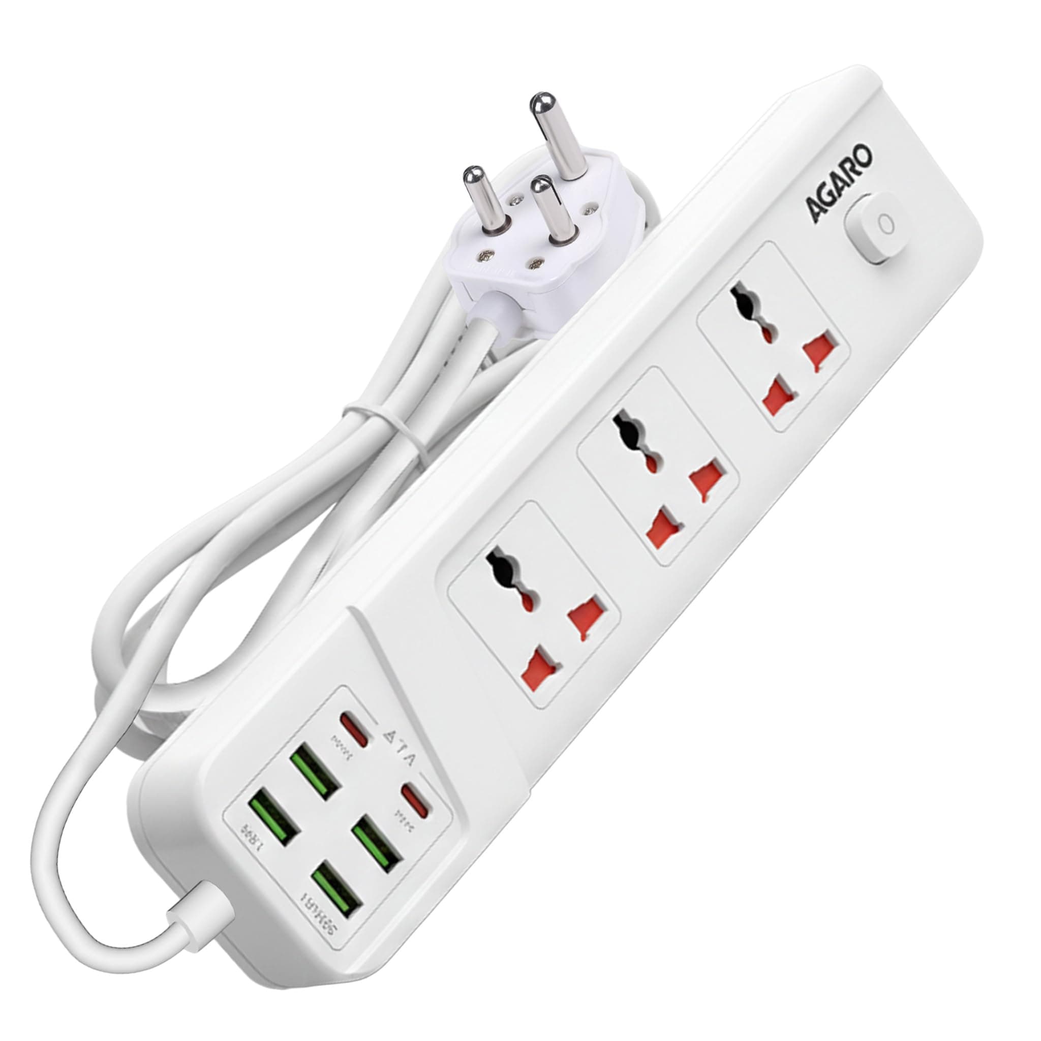 AGARO Regal Extension Board, Power Strip, 3 Universal Sockets, 4 USB + 2 Type-C Fast Charge, 2500W, 6ft Heavy-Duty Cord, Overload & Surge Protection, Master Switch, Multi-Device Charge for Home/Office