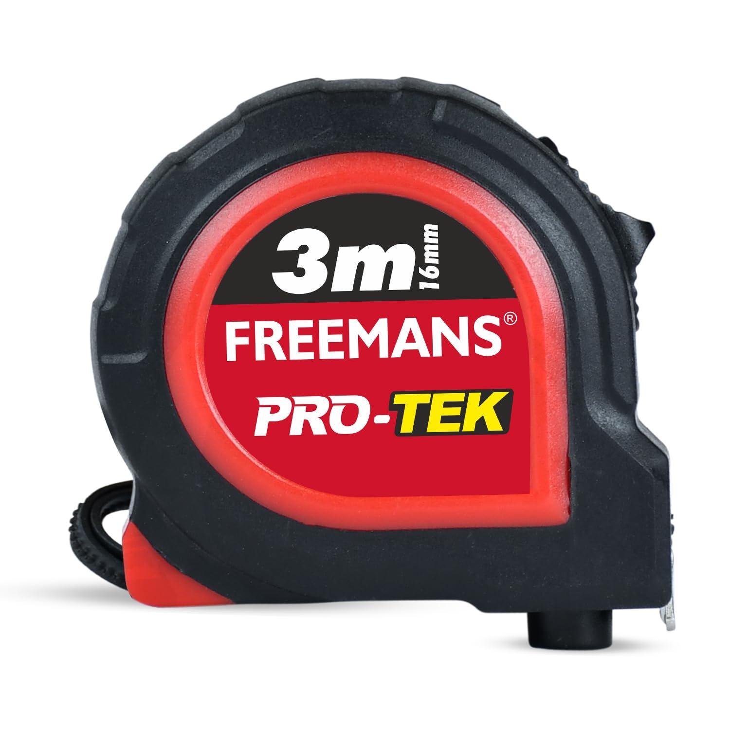 FREEMANS PRO-TEK 3m:16mm Steel Inchi Pocket Measuring Tape with Non Slip Rubber covered ABS case, Click-Action Front Lock, Pause Button, Hand Strap and Belt-Clip