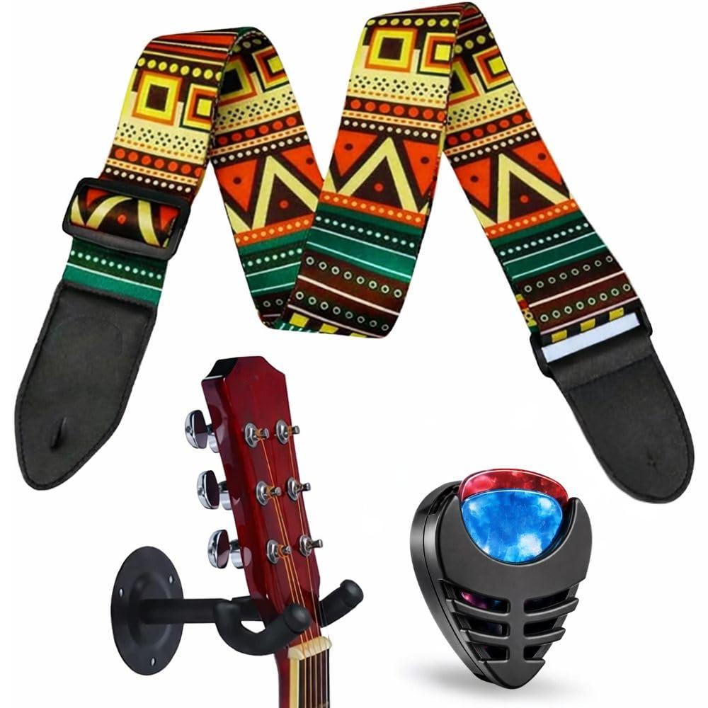 MOCKING BIRD Guitar Belt with guitar wall mount hanger Adjustable Buckle Guitar strap for acoustic Guitar Electric Guitar bass Guitar Hanger with Colourful Plectrum 2 picks and Holder (Bohemian, 4)