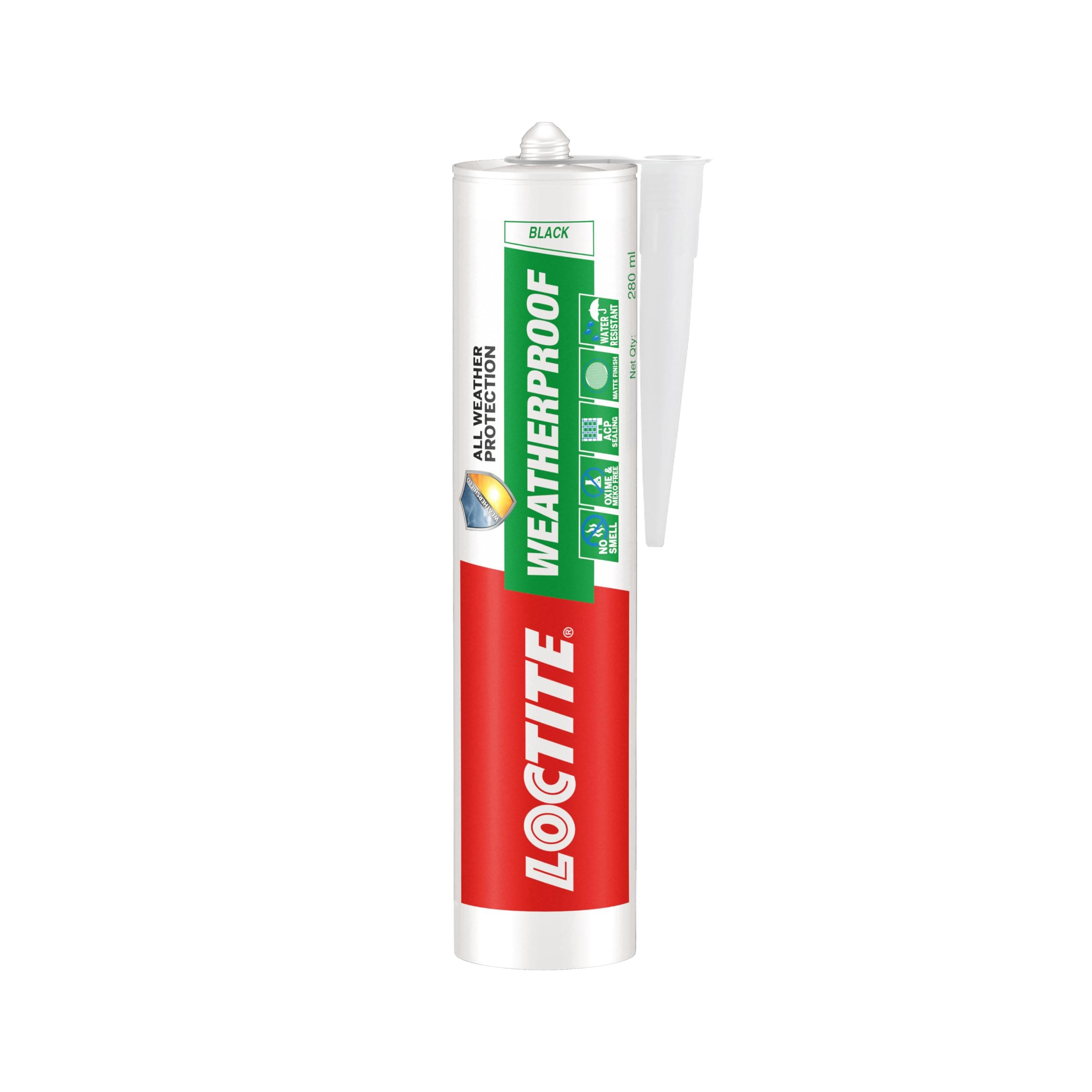 Loctite Weatherproof sealant(Black), neutral, indoor & outdoor, ACP, glass, glazing, tiles, ultra fast drying, heat resistant, no stringing, waterproof silicone adhesive, tile grout, 280 ml