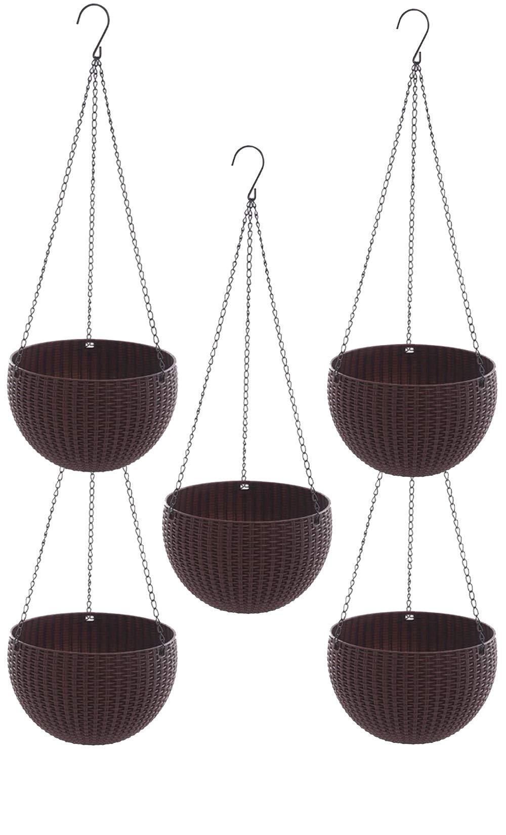 Go Hooked 7.1" Plastic Rattan Hanging Basket/Hanging Pots with Metal Hanging Chain/Hanging Planters- Set of 5 (Dark Brown) (Flowers Not Included)