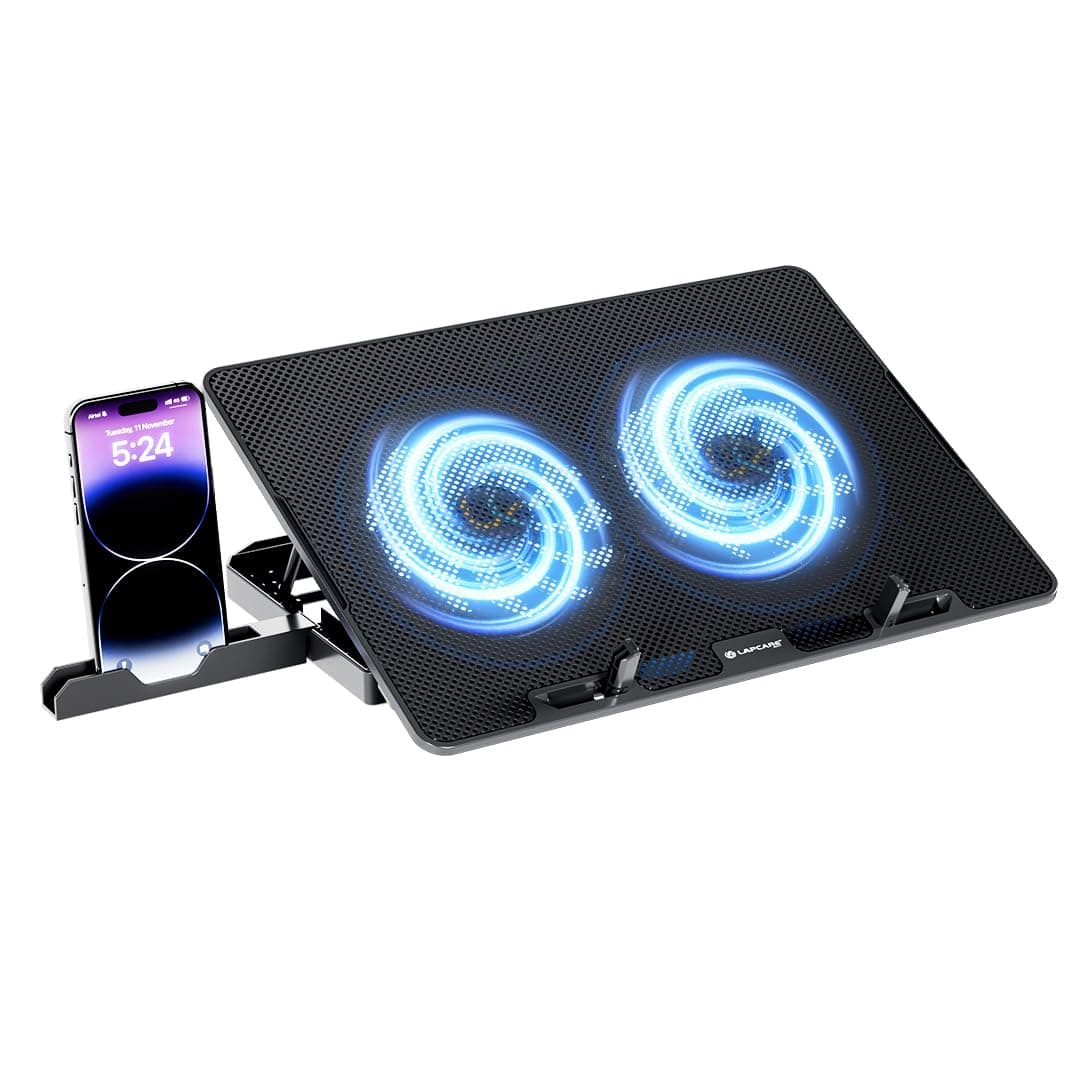 Lapcare Chillmate Powerful Laptop Cooler Pad with Dual 125mm Fans, Silent Operation Noiseless Fan, Dual USB Ports, 5 Step Retractable Stand and Removable Mobile Holder