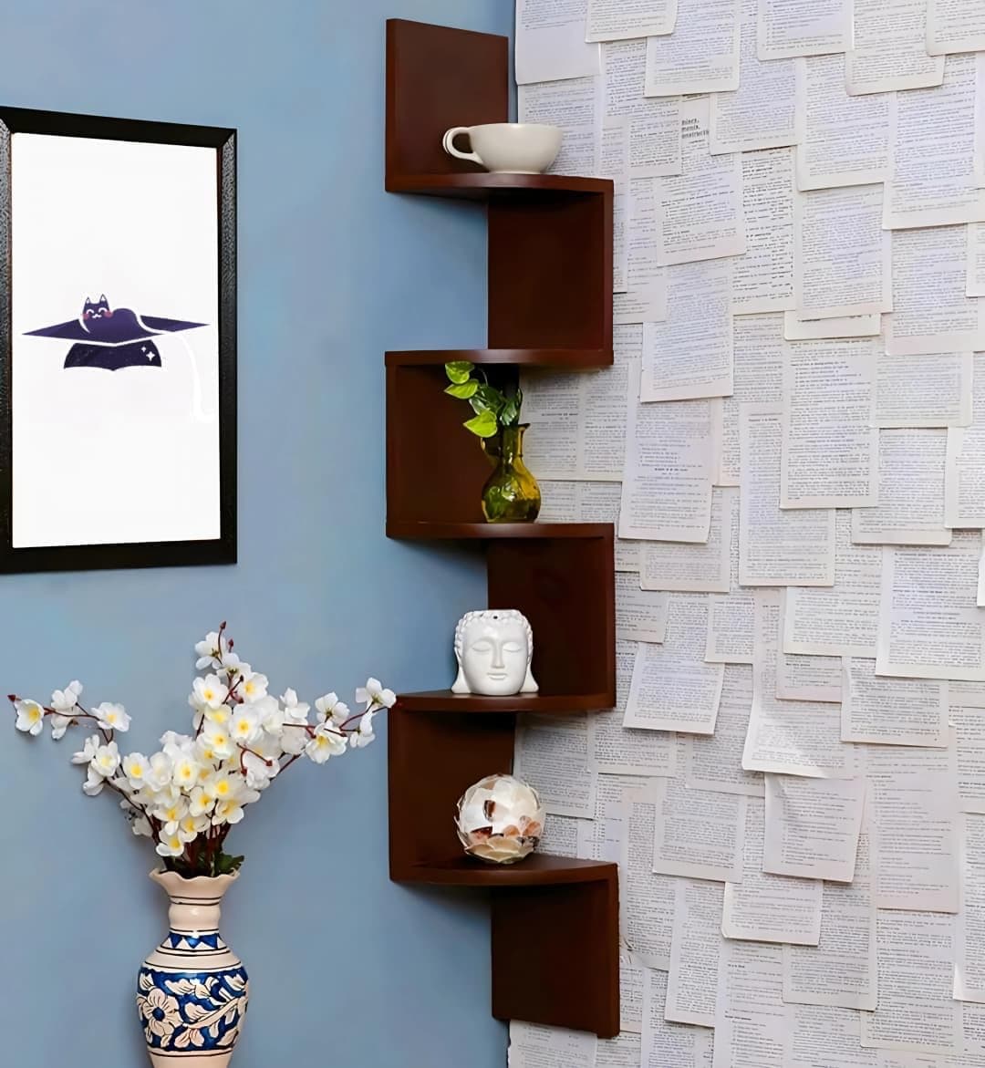 OXMIC Corner Wall Mount Display Shelf, Corner Shelf for Living Room Decor, 5-Tier Floating Design, 17x17x108 cm, Decorative Storage for Home Office