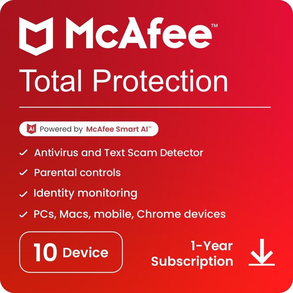 McAfee Total Protection 2023 | 10 Device, 1 Year | Antivirus Internet Security Software | Password Manager & Dark Web Monitoring Included | PC/Mac/Android/iOS | Email Delivery