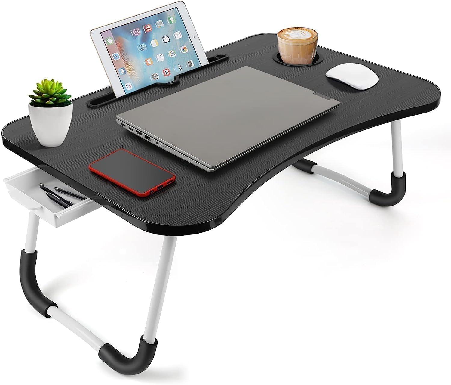 TEKCOOL Study Table Foldable Wooden Laptop Bed Tray Table, Multifunction Lap Tablet Desk with Cup Holder, Perfect for Eating Breakfast, Reading Book, Working, Watching Movie On Bed, 60 cm