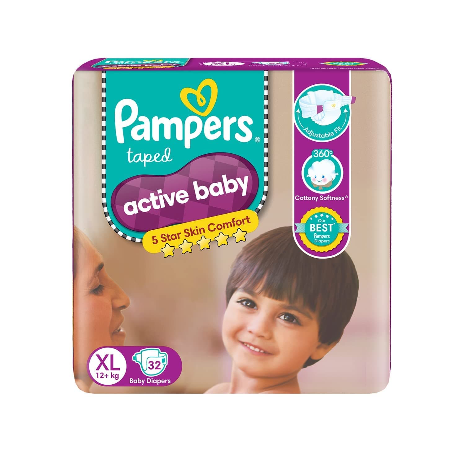 Pampers Active Baby Tape Style Baby Diapers, X-Large (XL), 32 Count, 12-17kg, Adjustable Fit with 5 Star Skin Protection Diapers