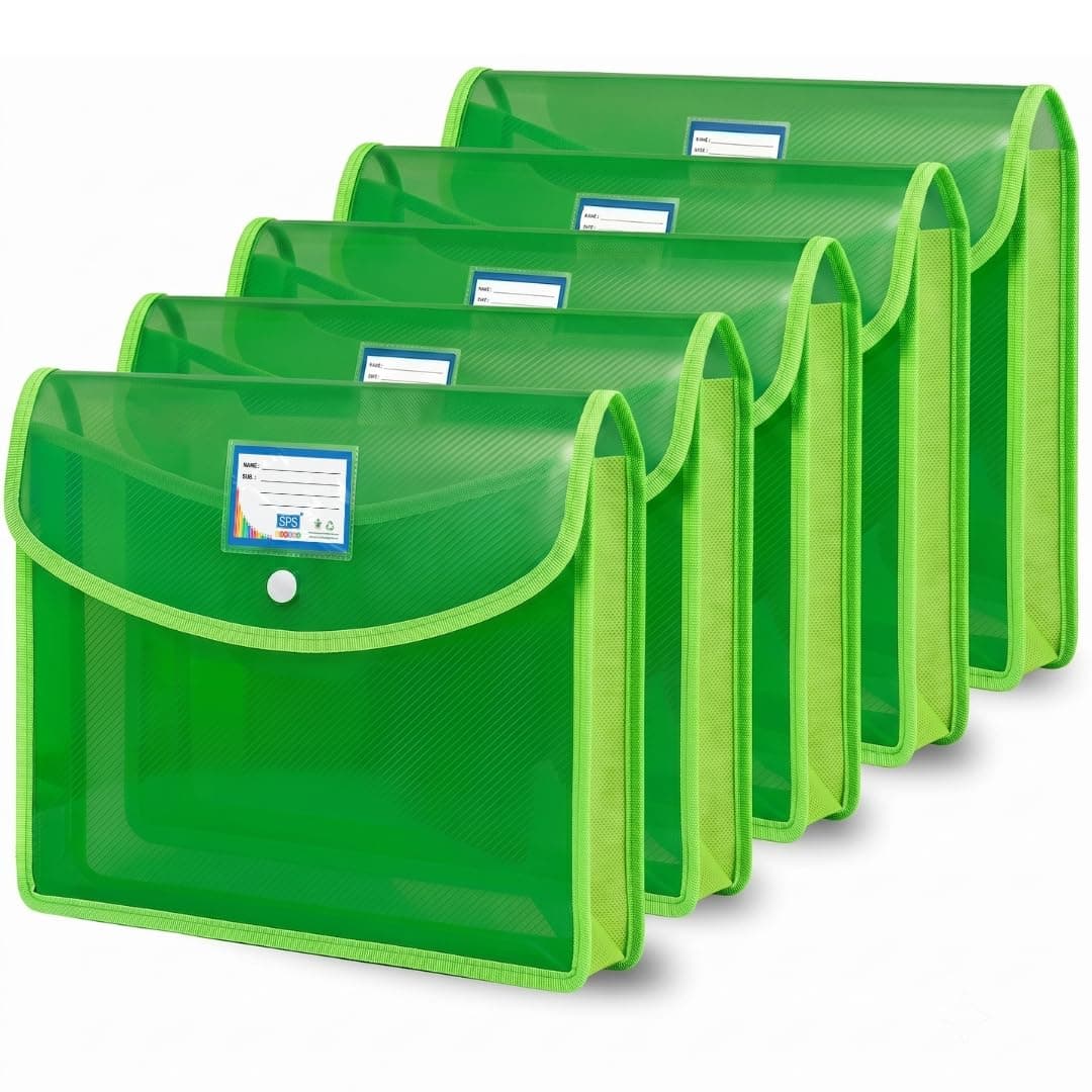 SPS File Folder, Transparent Poly-Plastic A4/Foolscap Documents File Storage Bag with Snap Button, Set of 5 (Green)