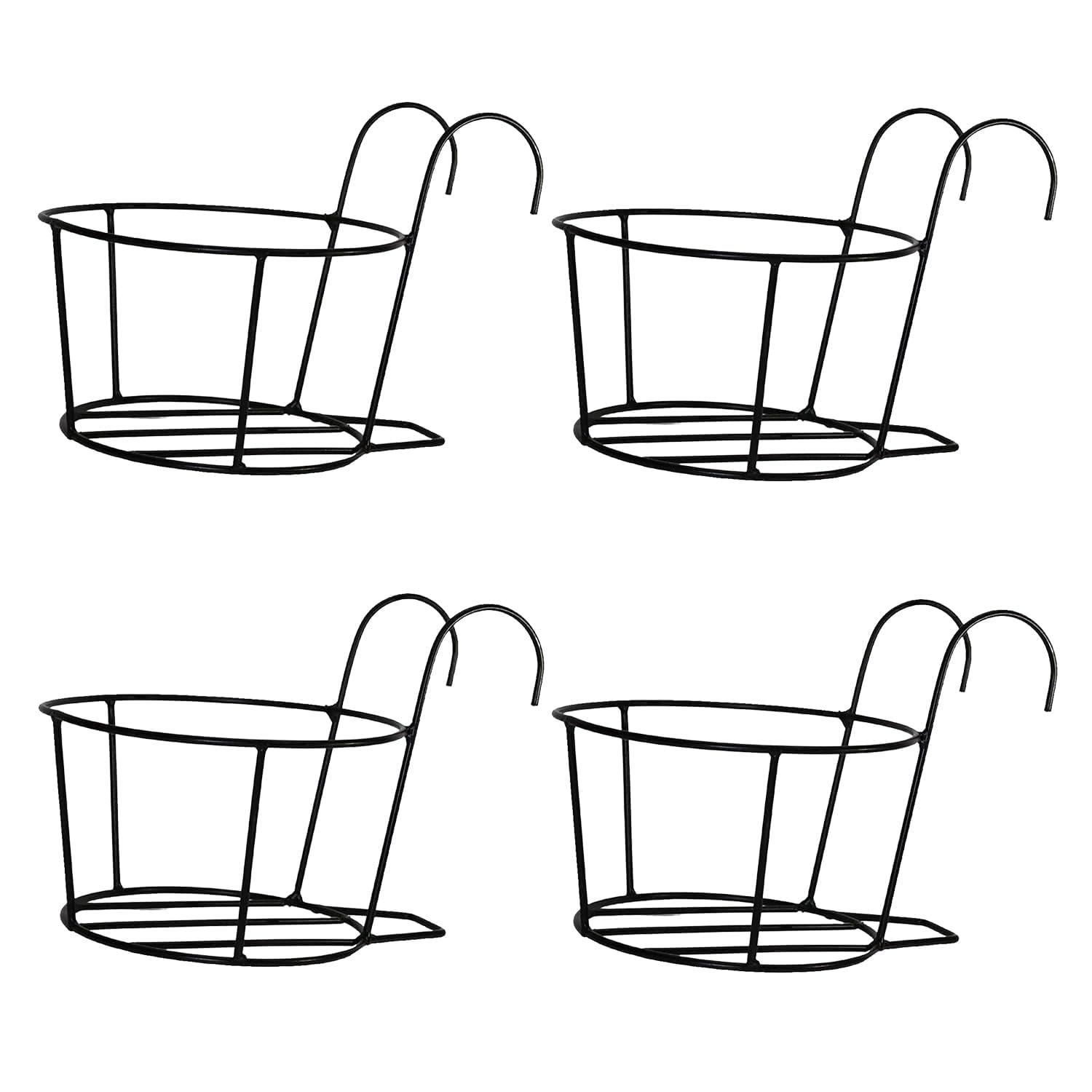 ORILEY Hanging Flower Pot Holder Round Balcony Plant Basket Railing Planter Iron Art Over The Rail Fence Potted Rack Decor for Orchid Deck Patio Ledge (Pack of 4)