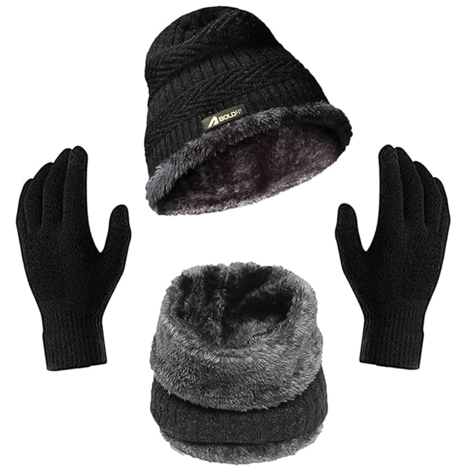 Boldfit Winter Cap with Neck Warmer & Gloves Set - Beanie for Men and Women, Woolen Thermal Wear,Black,Unisex-Adult,Acrylic