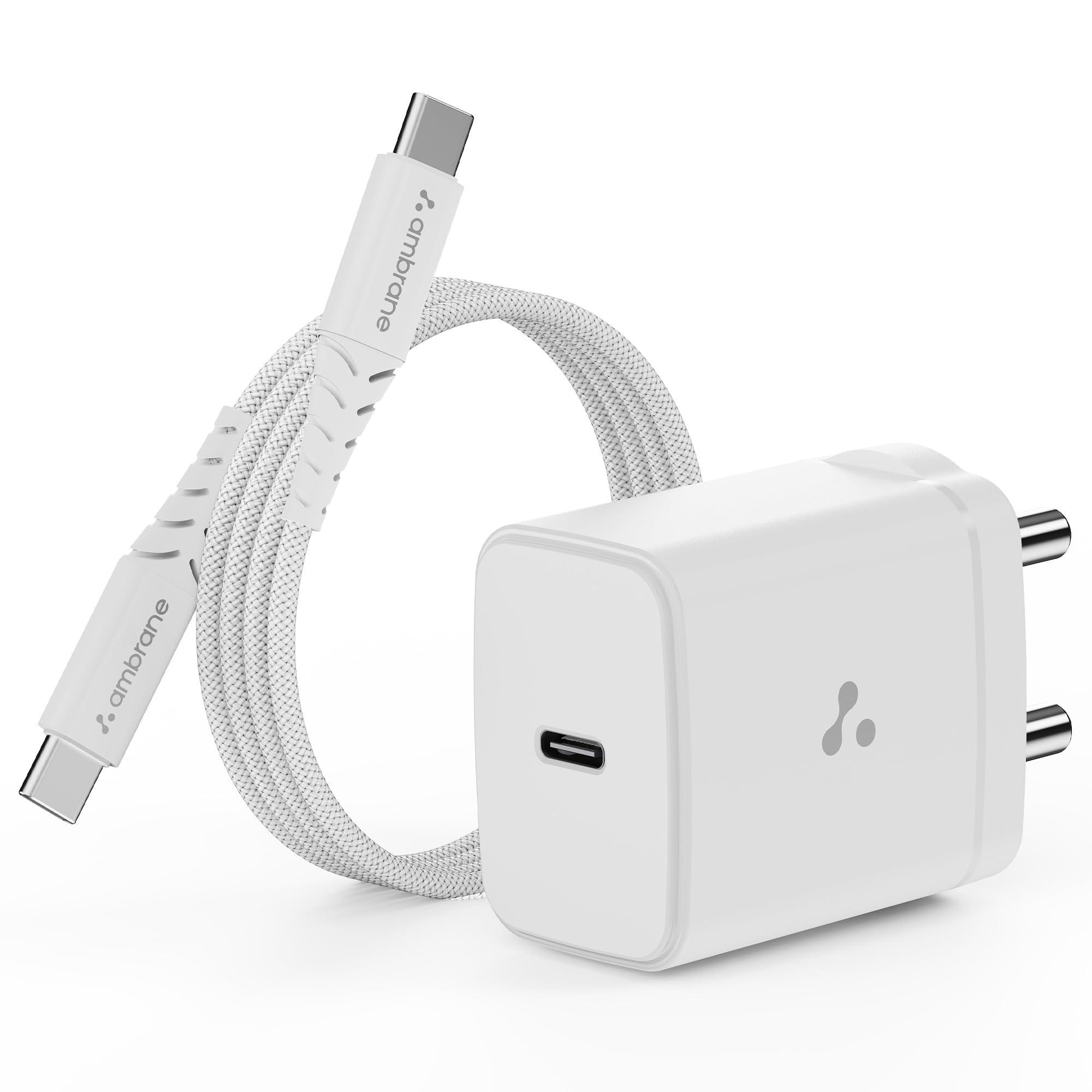 Ambrane 25W GaN Mobile Charger Adapter with Charging Cable | Fast Charging for Samsung Smartphones, iPhone 15/14/13/12/11/X & Pro Series & Other Type-C Devices (Charge 25, White)