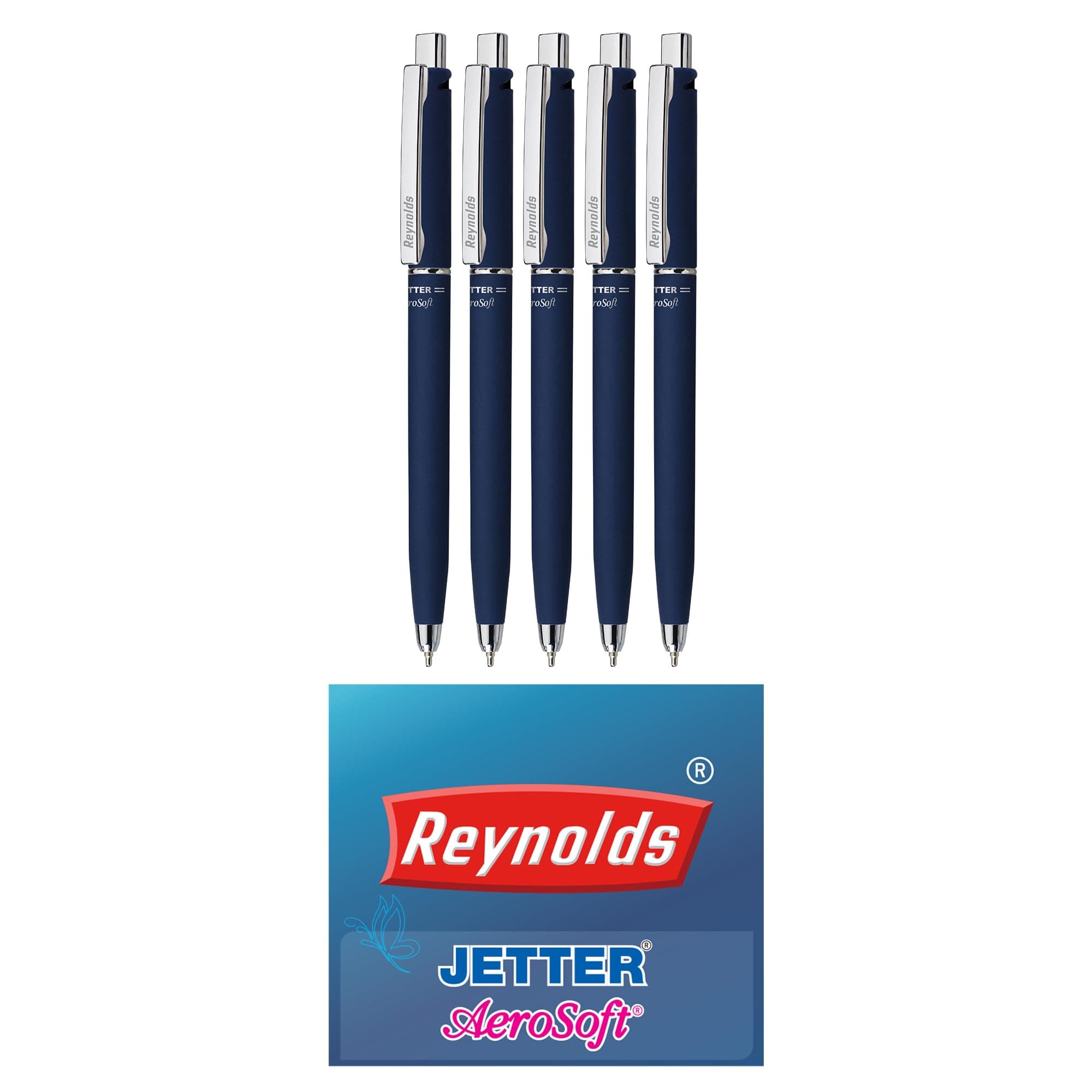 Reynolds JETTER AEROSOFT Ball Pen SET - 5 PENS BLUE | MULTI BODY COLOR BALL PEN WITH COMFORTABLE GRIP |BLUE BALL PENS FOR WRITING | PEN FOR PROFESSIONALS | 0.7 mm TIP SIZE