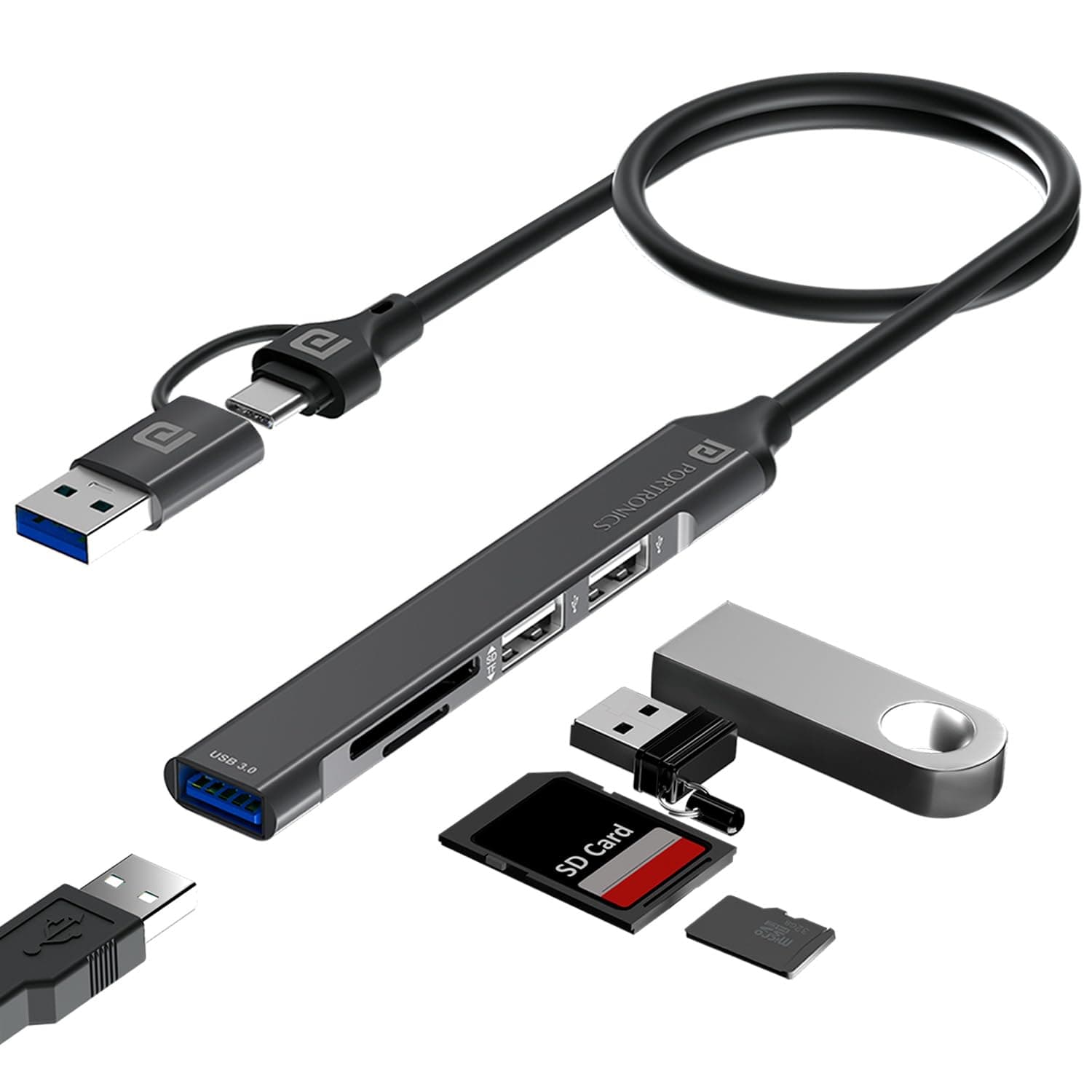 Portronics Mport 31 Plus USB 3.0 Hub Dock (5-in-1) with USB & Type-C Dual Plugs, upto 5 Gbps High Speed, USB 3.0, 2-Port USB 2.0 & SD/microSD Card Reader for Laptop, PC, Mac, Smartphone, Tablet (Grey)