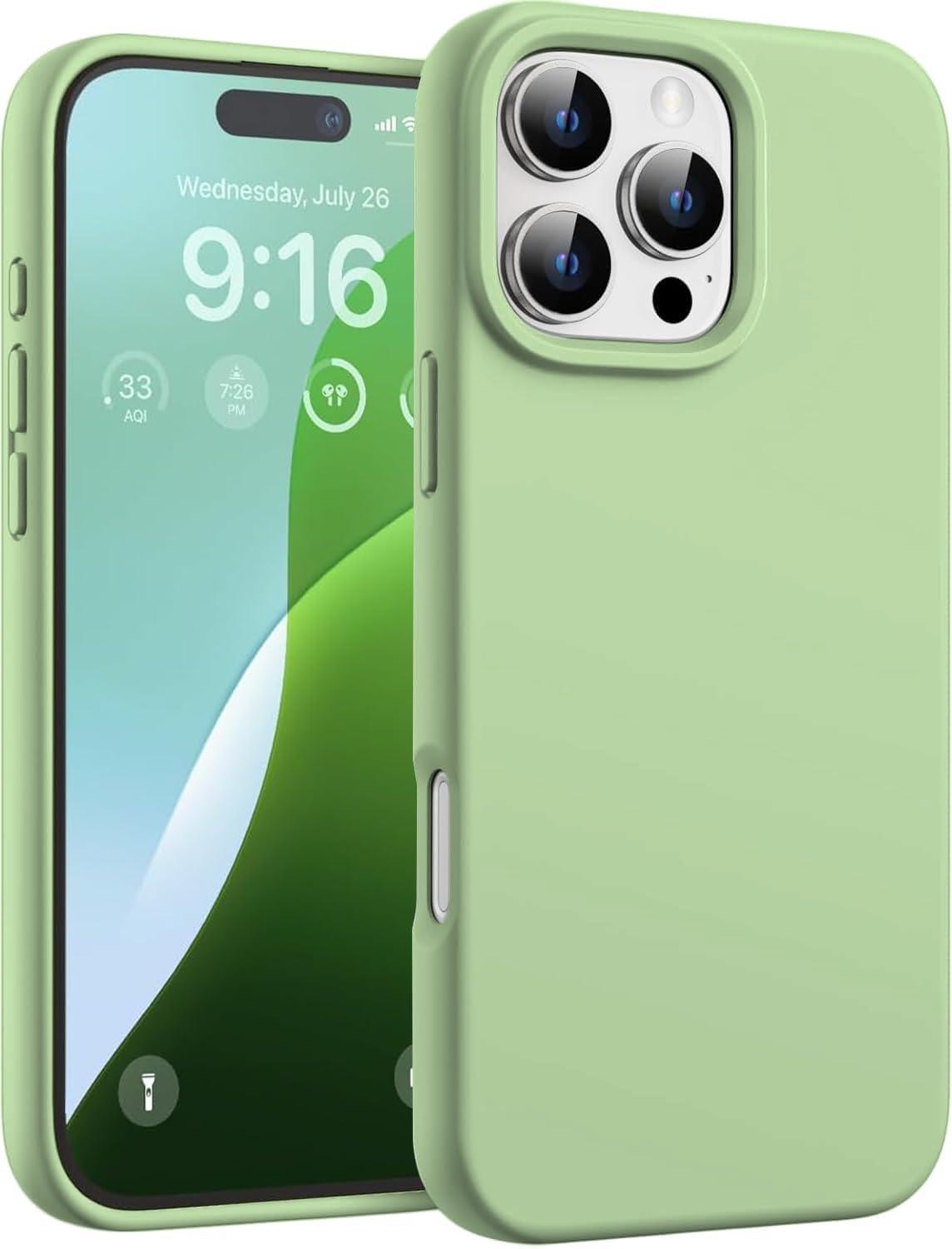 DIZORO Compatible for iPhone 16 Pro Case Slim Liquid Silicone 3 Layers Full Covered Soft Gel Rubber Phone Case Protective Cover 6.3 Inch - Matcha Green