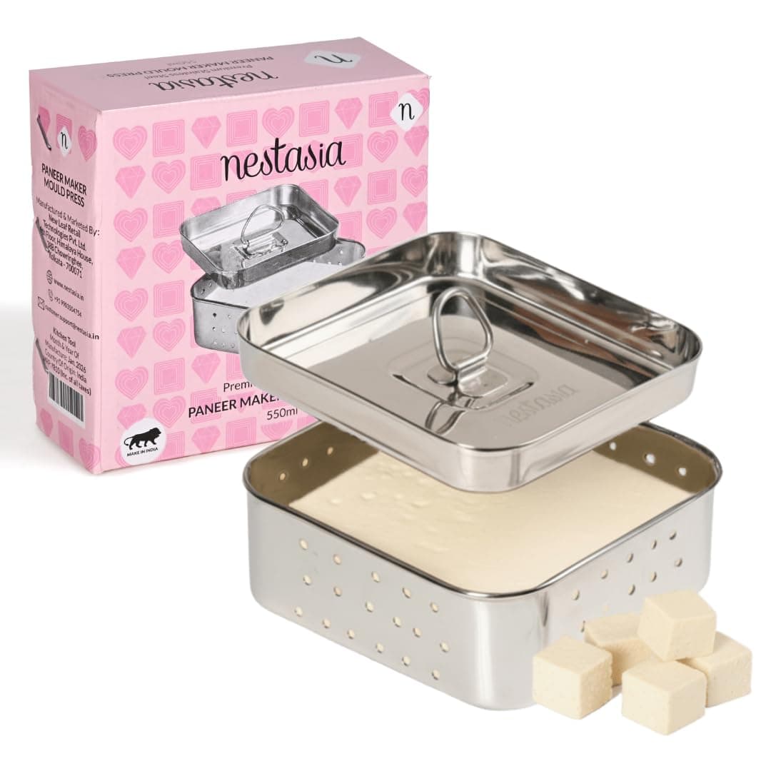 Nestasia Large Stainless Steel Paneer Maker (550 ml) - Square Paneer Maker Mould Press with Lid | Rust Resistant Medium Paneer Strainer - Perfect for Fresh Paneer, Tofu & Sprouts