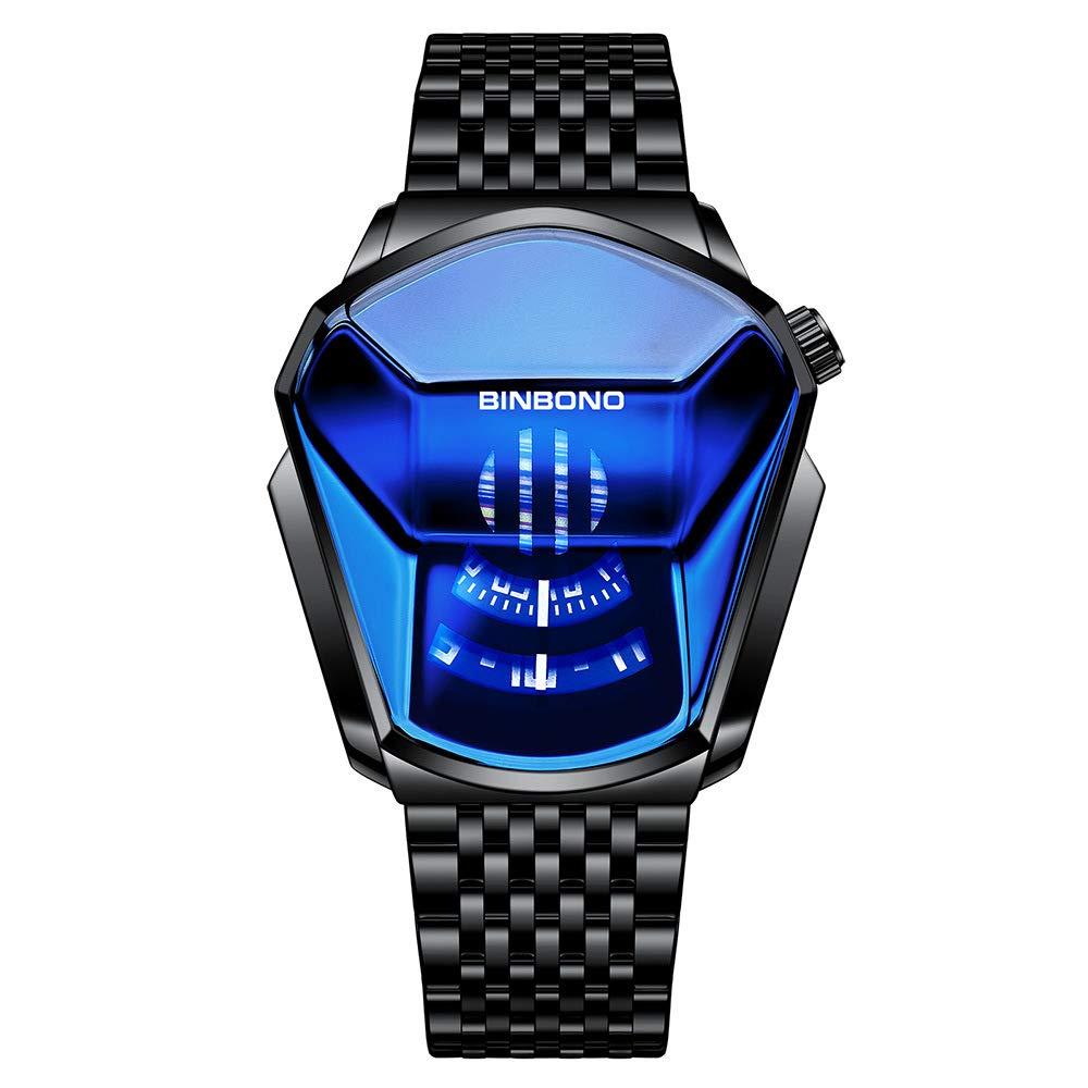 BACHATBAAZZAR—Not a product of our company,Luxury Black Watch for Man, Unique Creative Analog Watch, Stainless Steel Black Tone Strap Quartz Watch with Blue Big Dial, Waterproof Business Men's Fashion Wrist Watch