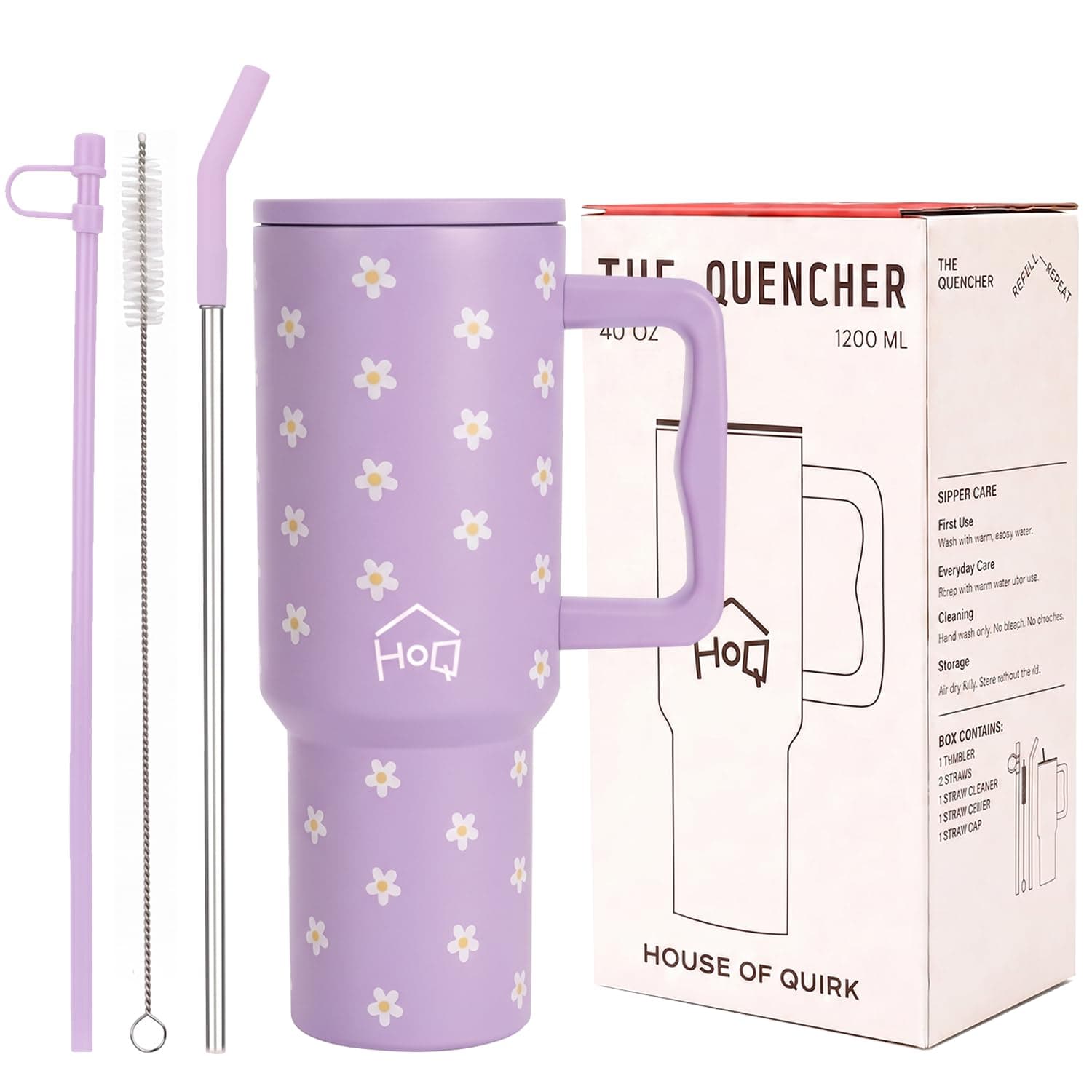 House of Quirk 1200ML Stainless Steel Tumbler with Handle & Lid, 2 Straws – Large Travel Mug Water Cup for Gym, Office & Outdoor Use (Lavender Daisy)