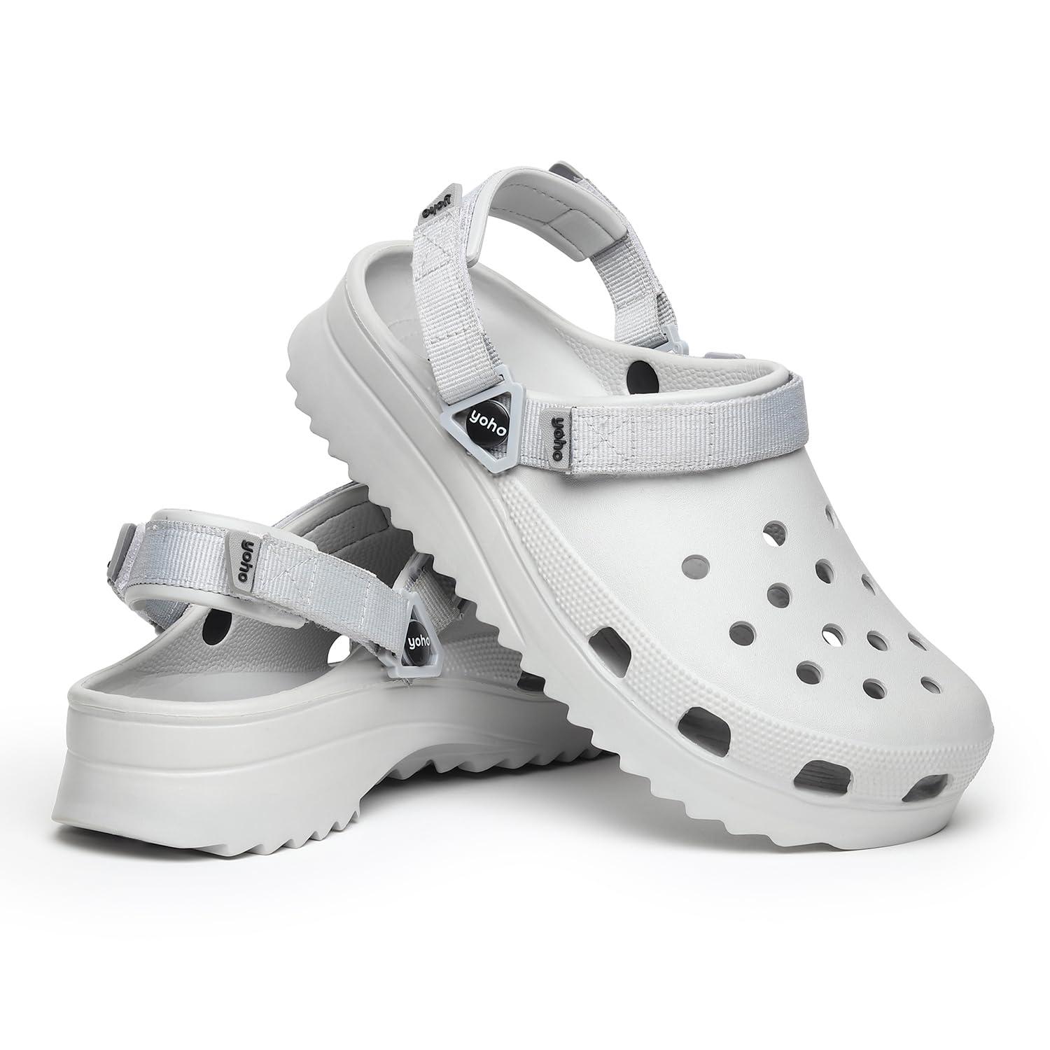 YOHO Hacker Clogs for Men | Waterproof Monsoon Footwear & Rainy Shoes | Adjustable Strap Cushioned Sandals | Dove Grey - UK 8