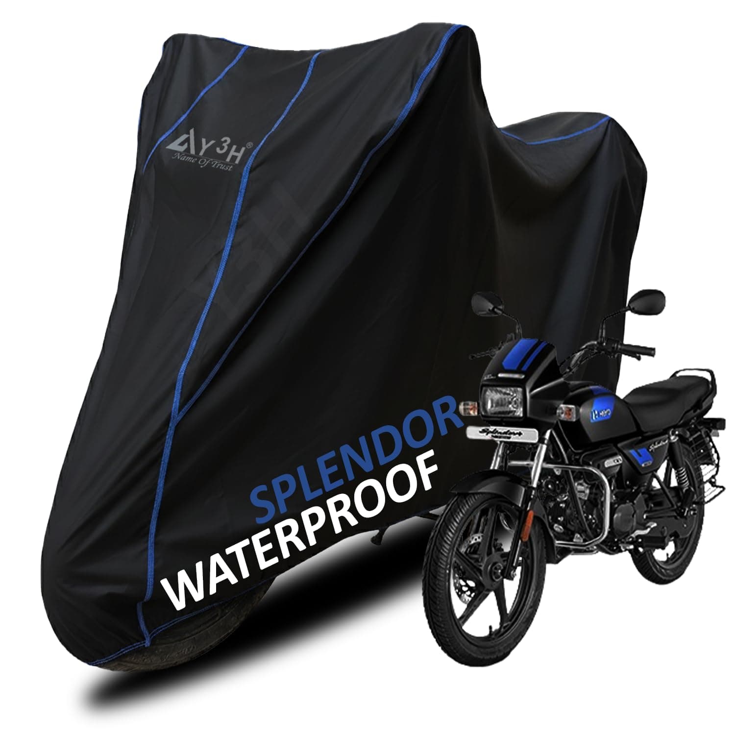 Y3H - Bike Body Cover Hero Splendor Full Body Cover with Waterproof, Dust Proof, UV Rays Protective, Tripple Stitching & Lightweight Two Wheeler Covers - Black with Waterproof Blue Piping
