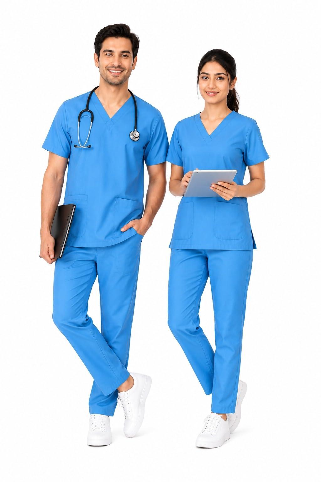 Epicure Wears Uniforms Scrub Suit Unisex | V Neck |Breathable Fabric Poly Viscose |Half Sleeves| Flexibile & Comfortable| Ideal for Doctors, Dentists & Healthcare Professionals (SkyBlue_S)