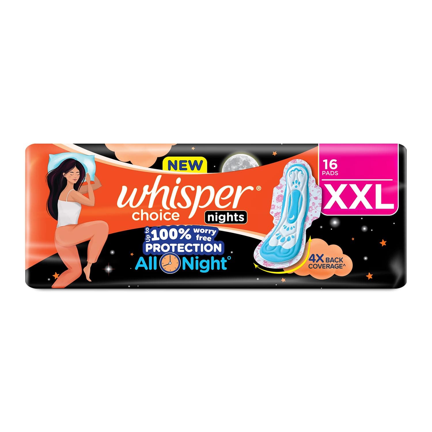 Whisper Choice Nights, 16 XXL Pads, Gives Up to 100% worry-free protection all night** with 4x back coverage