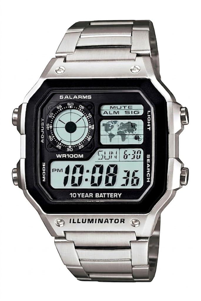 Anjalikpkul Youth Digital Watch D099 AE-1200WHD-1AVDF for Men & Boys, Black Digital Dial with Silver Metal Strap, Multifunction Display, World Time Style